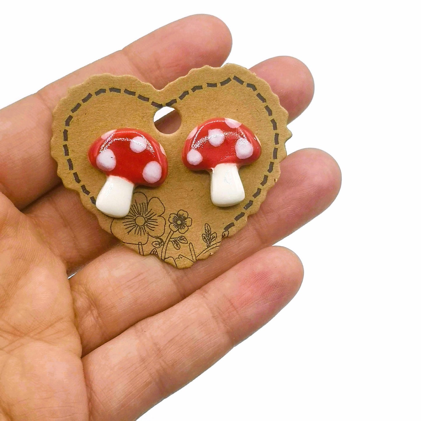 Handmade Red Mushroom Stud Earrings For Women, Clay Designer Earrings, Stocking Stuffer For Teen Girl, Ceramic Jewelry Best Gifts For Her - Ceramica Ana Rafael