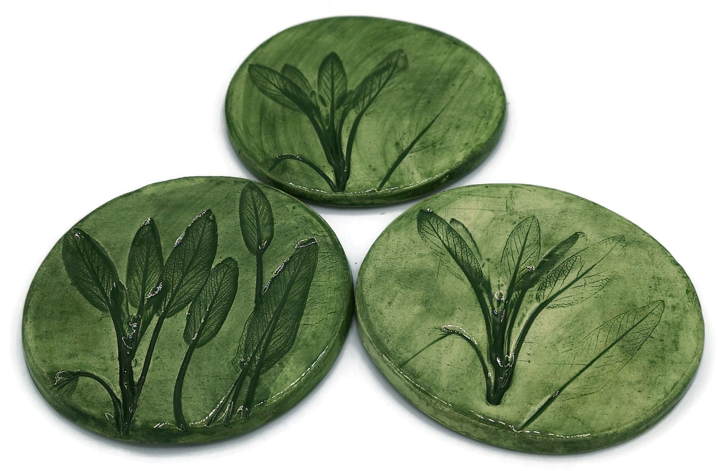 3Pcs Round Botanical Handmade Ceramic Coasters Set, Green Modern Coffee Coaster For Office Desk Accessories, Housewarming Gift For Men - Ceramica Ana Rafael