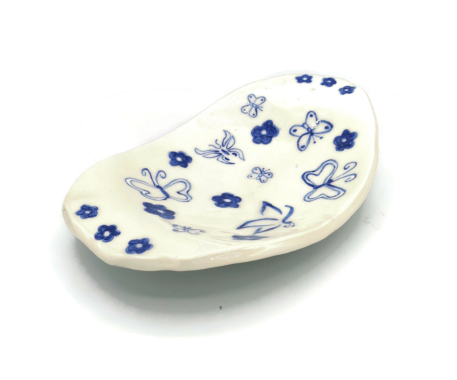 Handmade Ceramic Fruit Bowl, Large Decorative Bowl For Home Decor, White Bowl With Hand Painted Butterflies and Flowers - Ceramica Ana Rafael