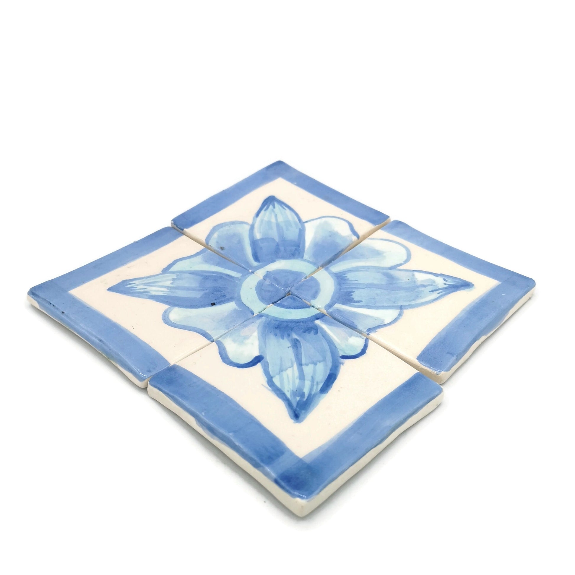 15cm/5.9in Handmade Ceramic Blue And White Tile Panel With Hand Painted Floral Motif, Square Mosaic Panel Kitchen Backsplash Portuguese Tile - Ceramica Ana Rafael
