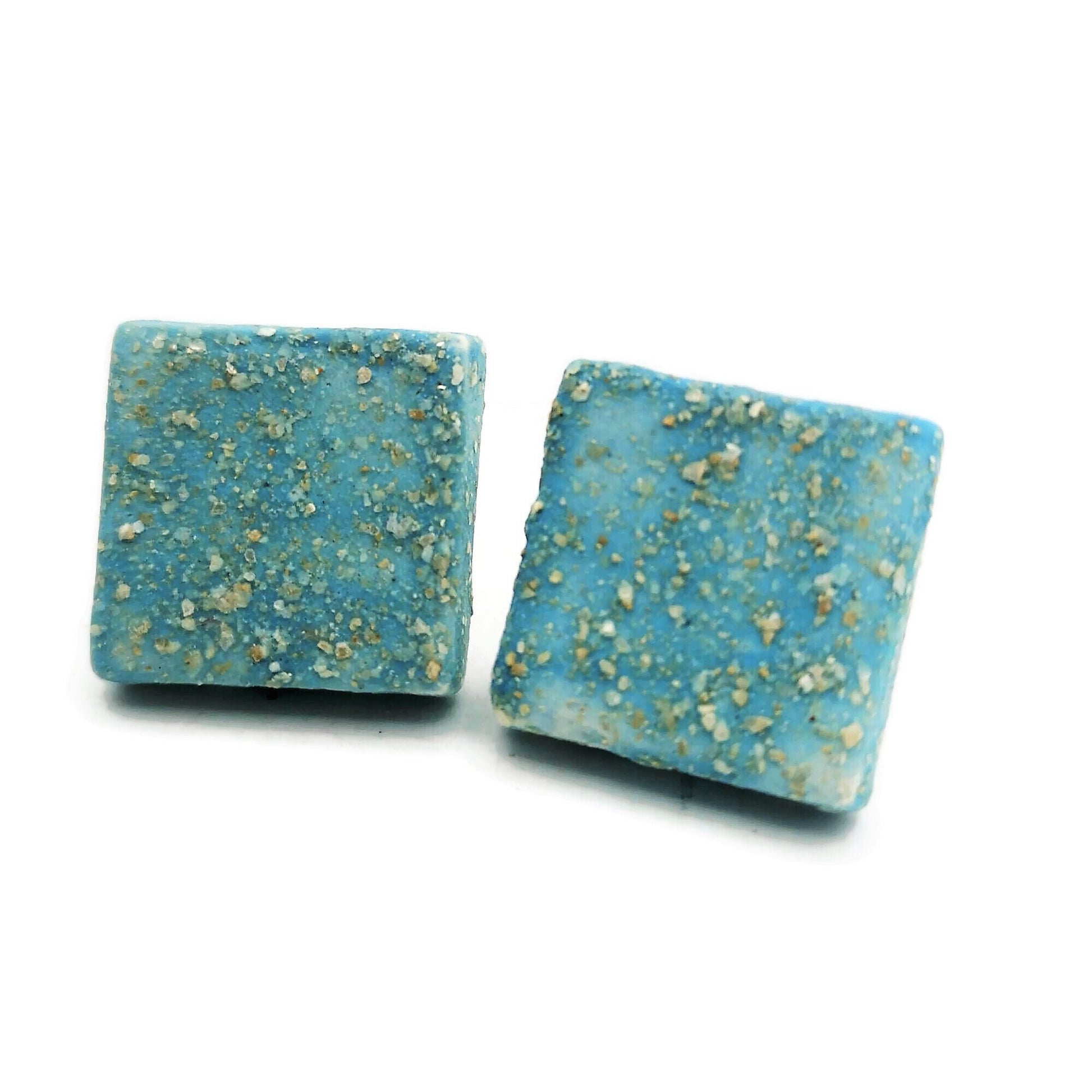CLAY STUD EARRINGS, Geometric Earrings, Turquoise Studs, Sparkling Blue Designer Earrings, Easter Basket Stuffer Best Gifts For Her - Ceramica Ana Rafael