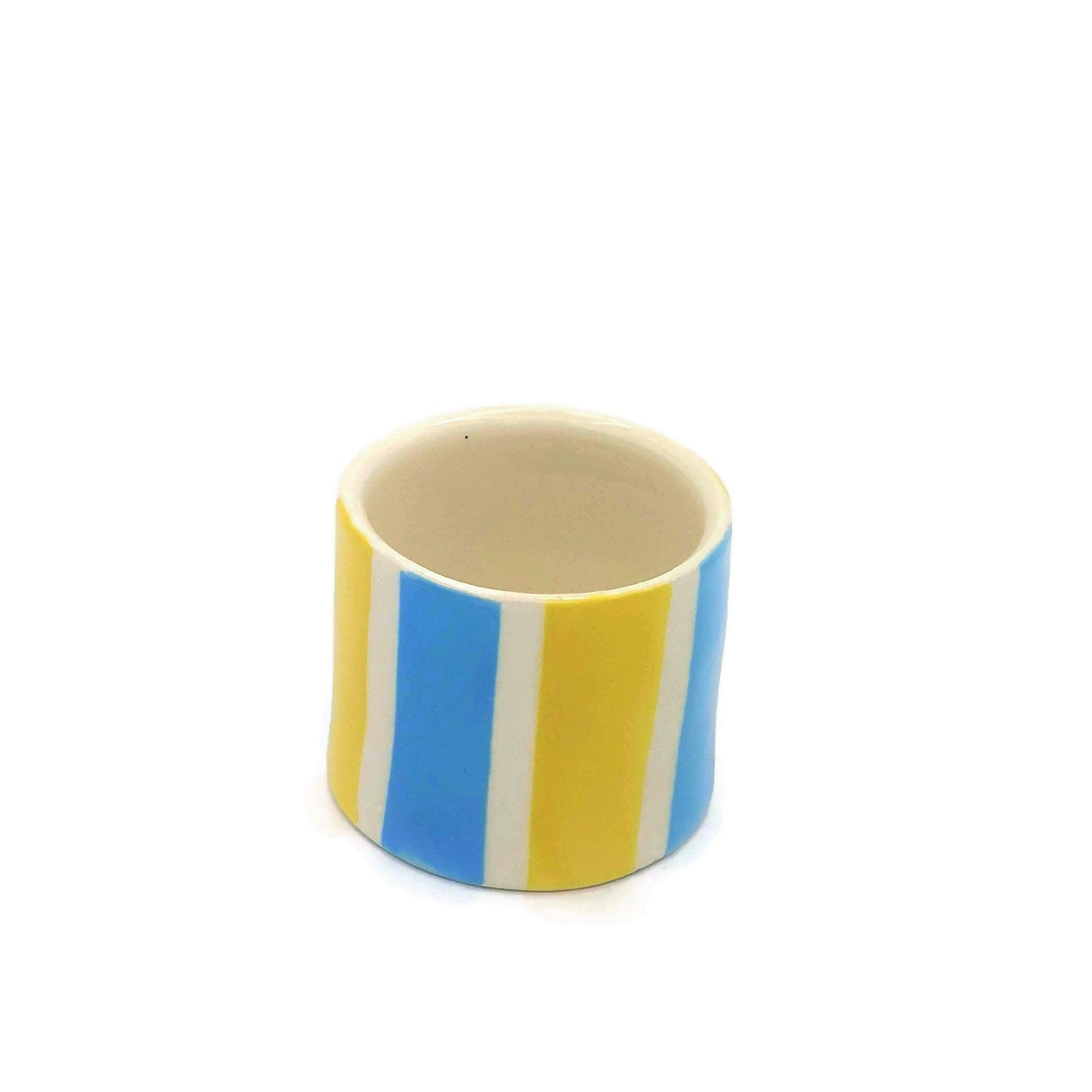 1Pc Handmade Ceramic Espresso Cup, Best Coffee Lovers Gifts For Him, Small Pottery Mug, Striped Blue And Yellow Shot Glass For Men - Ceramica Ana Rafael