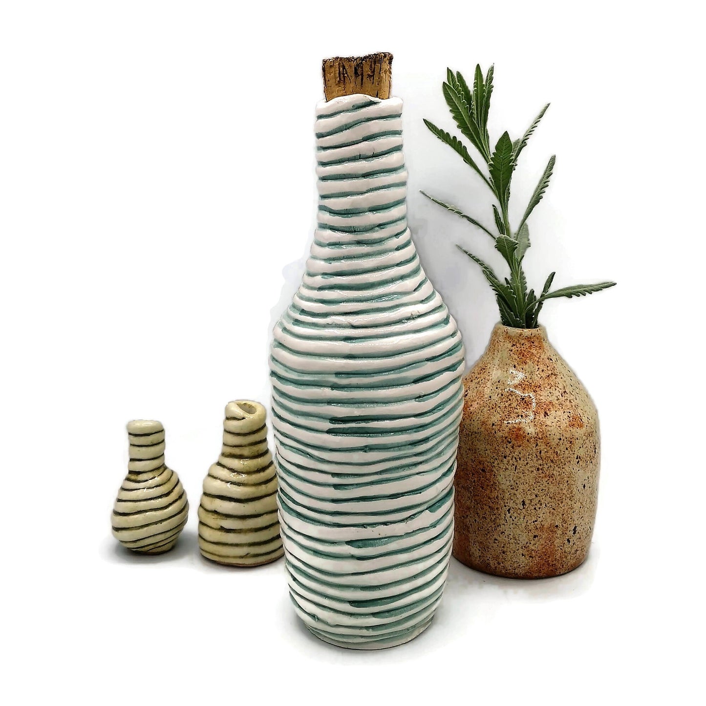 Handmade Ceramic Decorative Bottle With Natural Cork Stopper, White And Green Artisan Portuguese Pottery For Home Decor Unique Textured Vase - Ceramica Ana Rafael