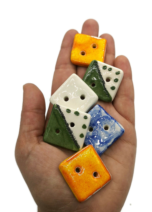 6Pc 30mm Extra Large Square Sewing Buttons For Crafts, Handmade Ceramic Sewing Supplies And Notions, Cute Strange And Unusual Hand Painted - Ceramica Ana Rafael