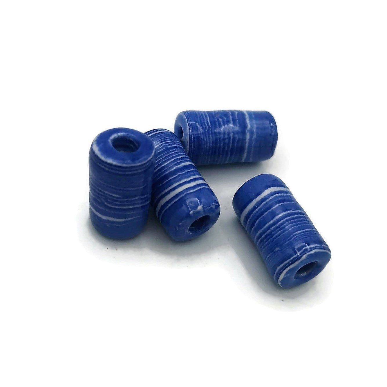4 Pc Large Ceramic Tube Beads for Macrame Jewelry Making, Artisan Blue Beads 4mm Hole, Beard Beads for Hair Braid - Ceramica Ana Rafael