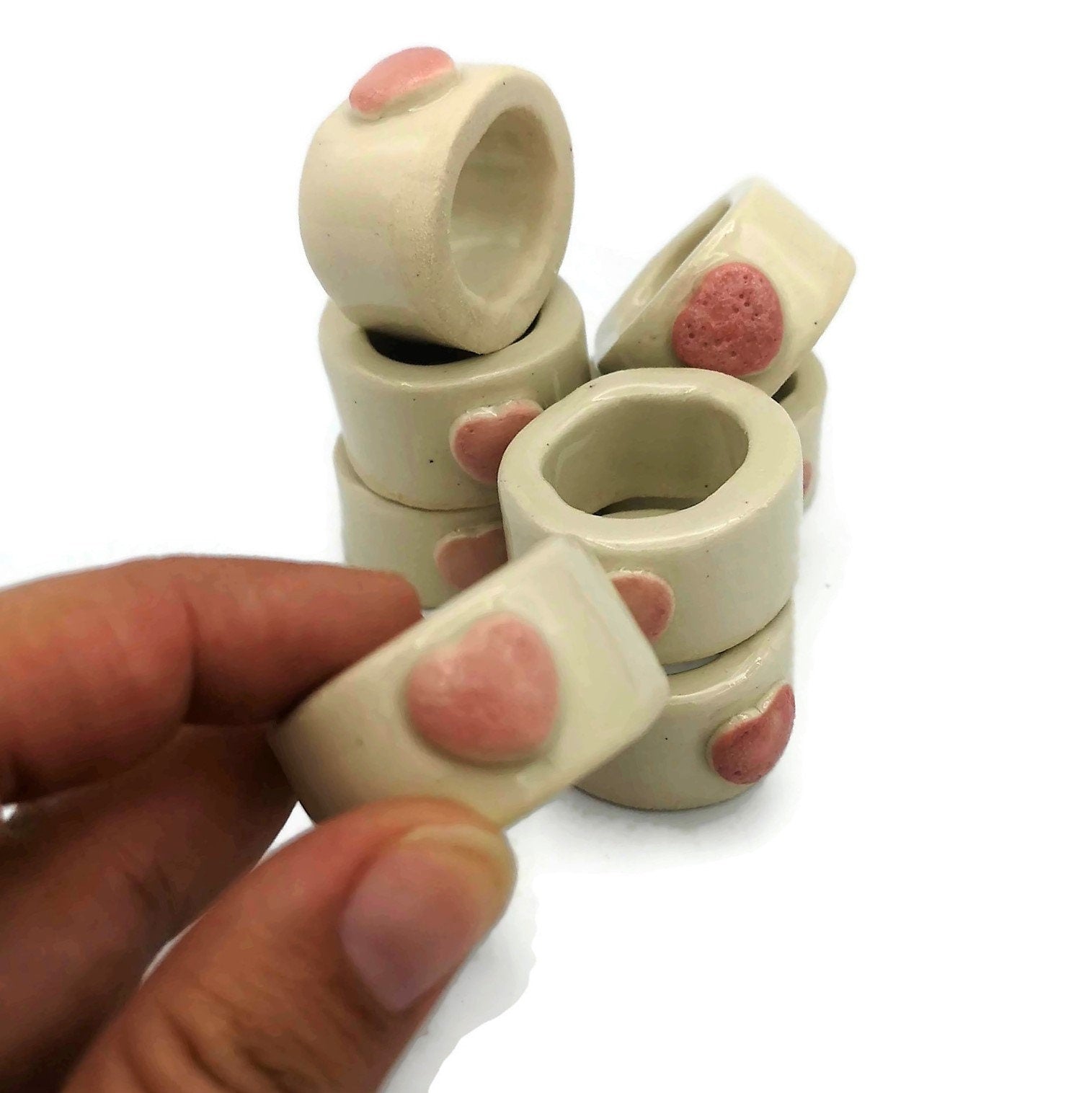 8Pc Extra Large Tube Beads, Handmade Ceramic Macrame Beads With Decorative Heart, Large Hole Beads, Napknig Rings - Ceramica Ana Rafael