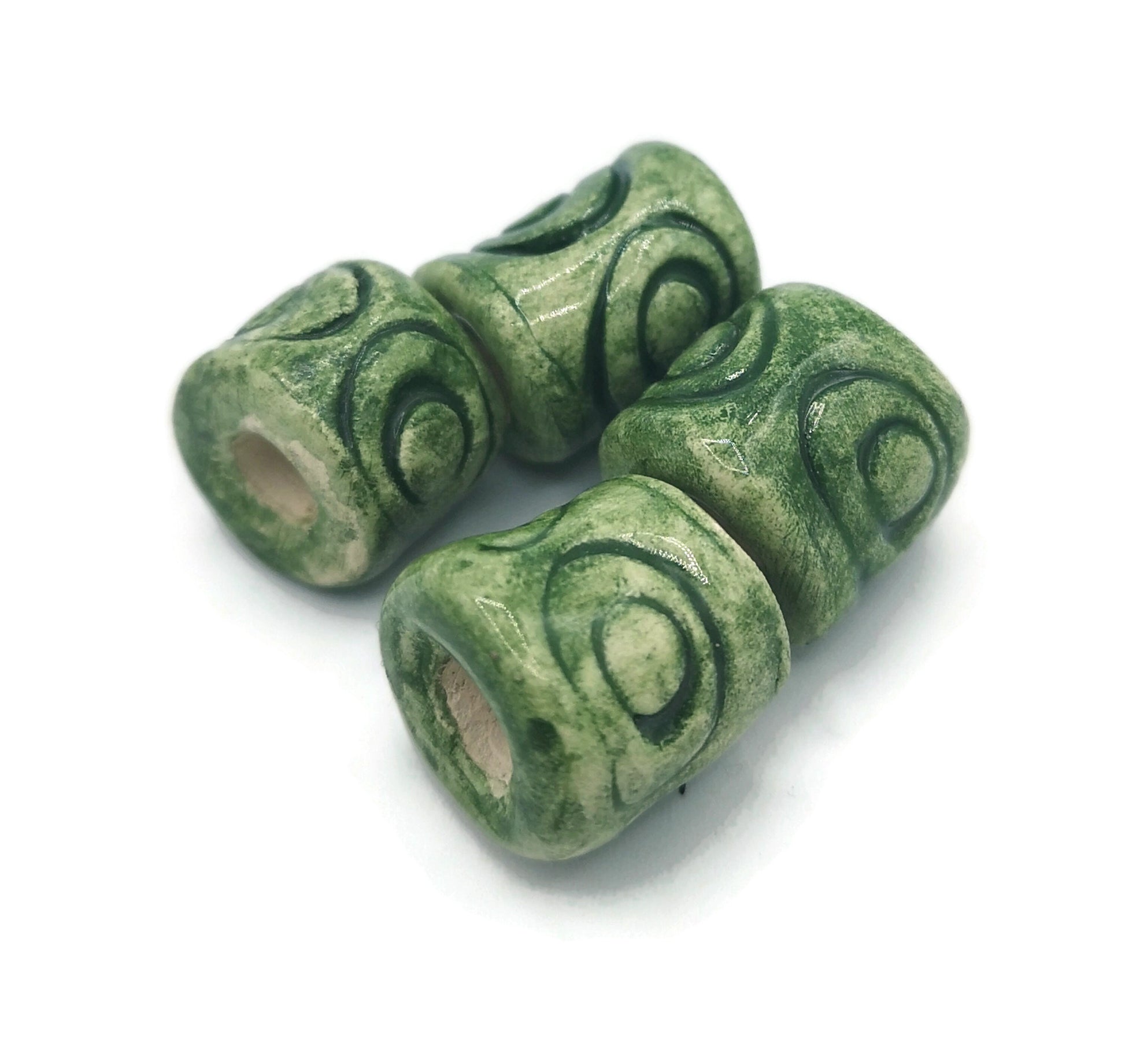 4Pc 15mm Green Macrame Tube Beads Large Hole, Barrel Beads For Jewelry Making, Handmade Ceramic Beads For Decorating Or Crafting, Clay Beads - Ceramica Ana Rafael