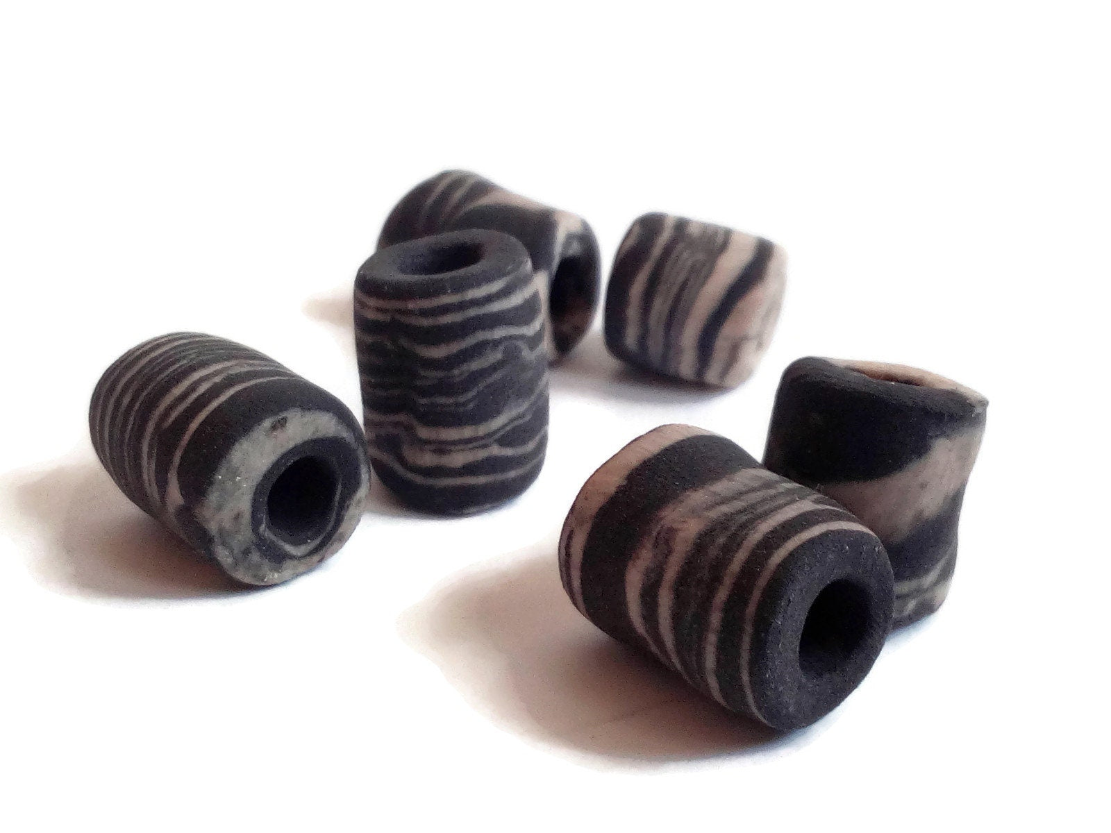 6Pcs Macrame beads large hole, handmade ceramic tube beads for jewelry making, unique black and white beads, dreadlock beads, best sellers - Ceramica Ana Rafael