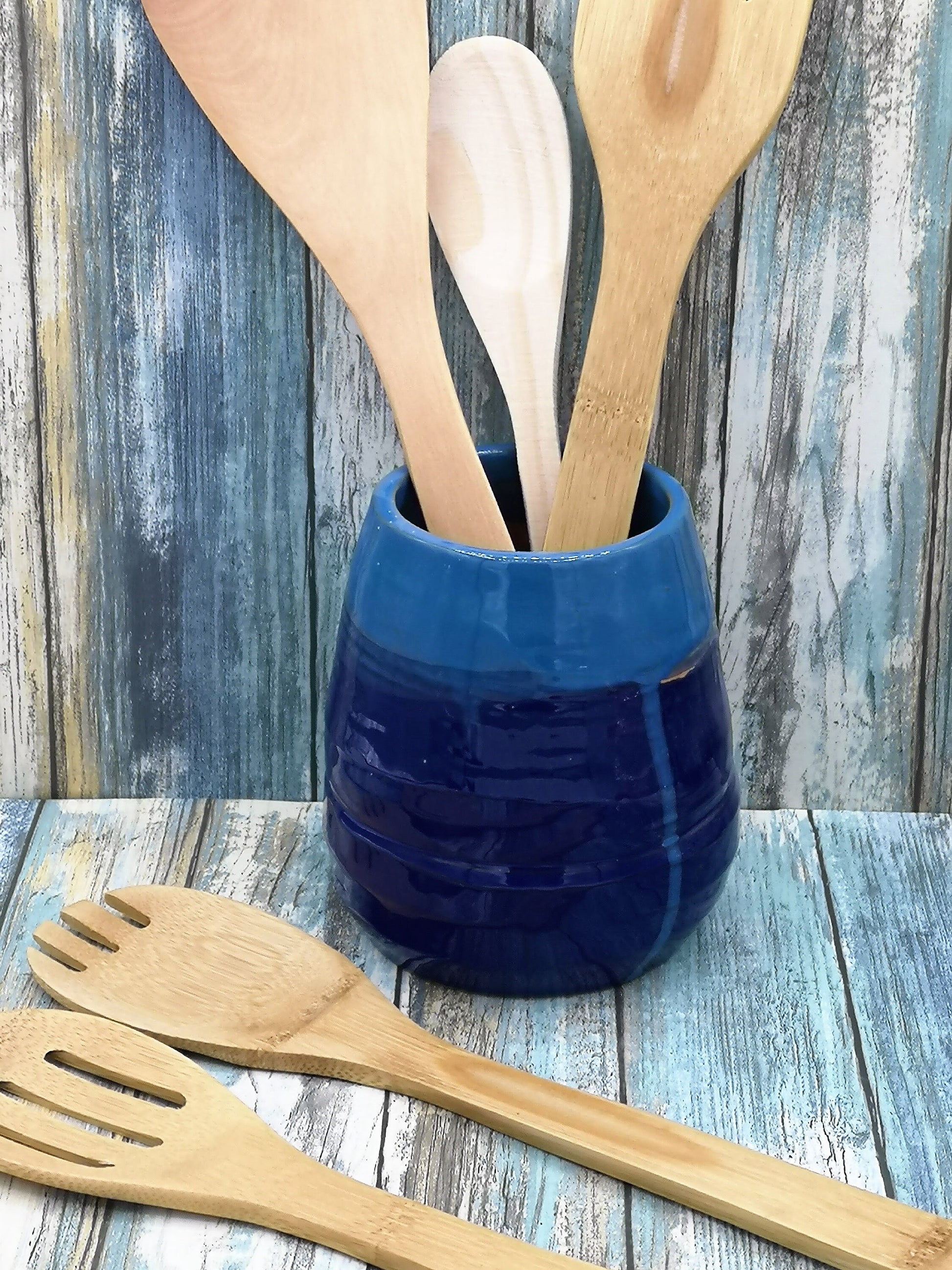 Blue Handmade Ceramic Vase, Large Utensil Holder, Modern Kitchen Utensil Organizer, Custom Wedding Gift, Tall Ceramic Planter Cache Pot - Ceramica Ana Rafael