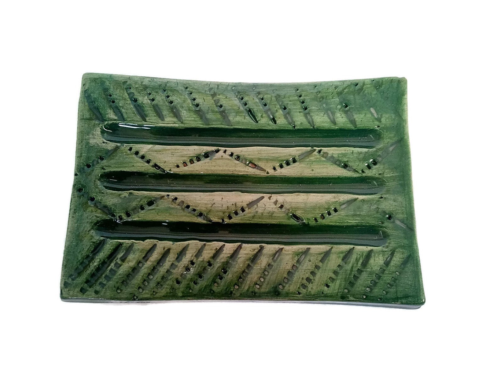 Green Handmade Ceramic Soap Dish Textured, Rectangle Clay Soap Bar Holder With Drain For Bathroom, Zero Waste Pottery Sponge Holder - Ceramica Ana Rafael