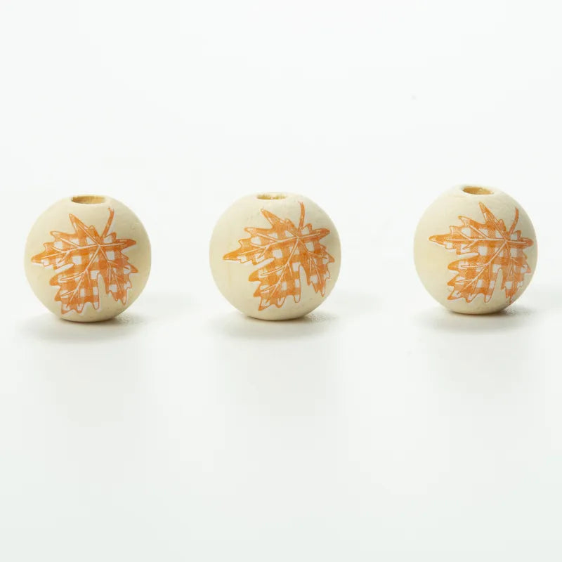 20Pc 16mm Maple Leaf Printed Wooden Beads for Jewelry Making – Large Hole 4mm, Round Fall-Themed Beads for Macrame