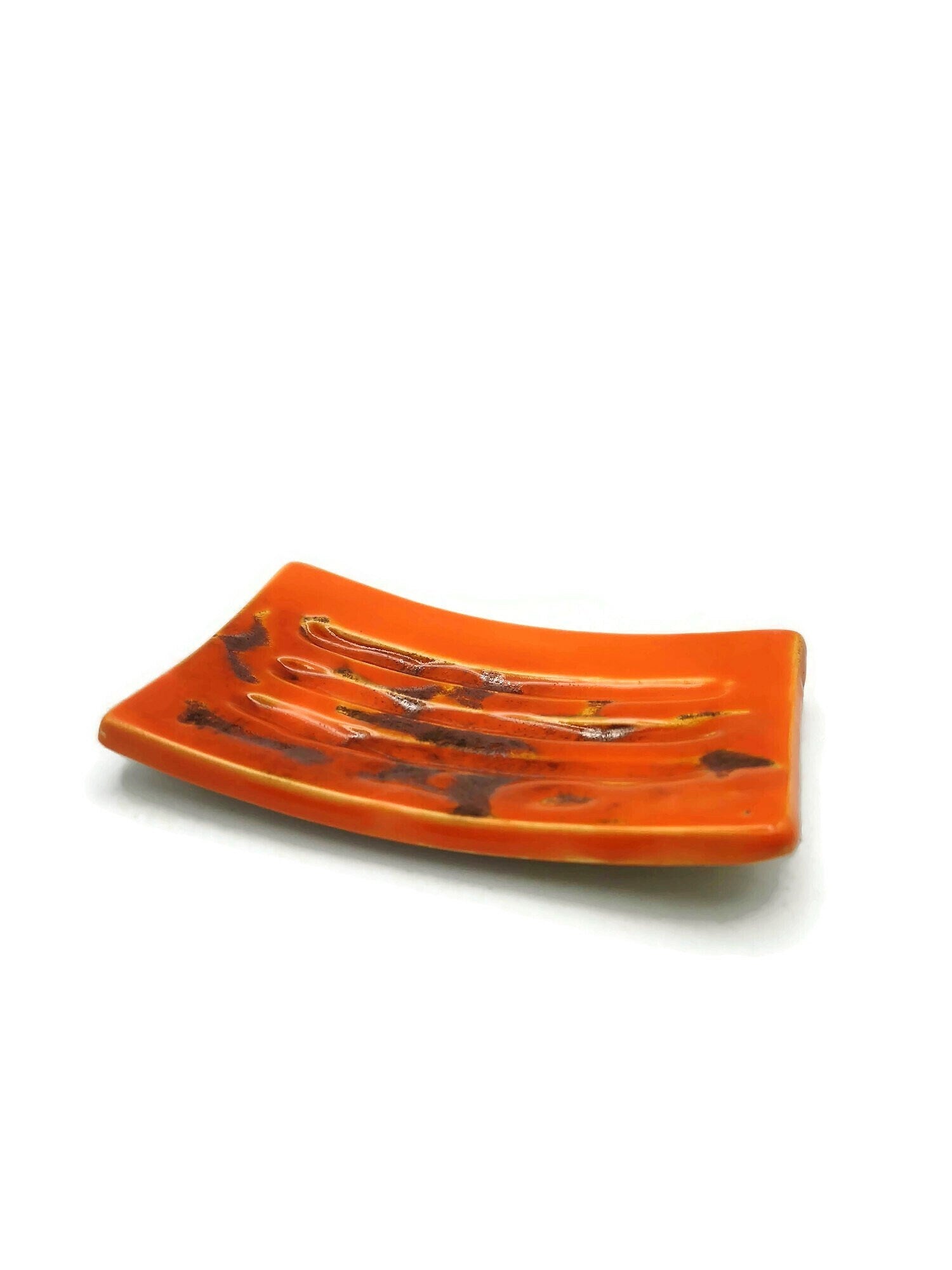 Handmade Ceramic Soap Dish Tray, Rectangle Drain Soap Saver, Artisan Sustainable Soap Bar Holder Orange w/ Copper Tones Bathroom Accessories - Ceramica Ana Rafael