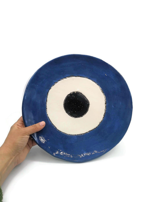 Handmade Ceramic Blue Evil Eye Decorative Plate For Display, Custom 9th anniversary gift for wife, Portuguese wall decor living room - Ceramica Ana Rafael