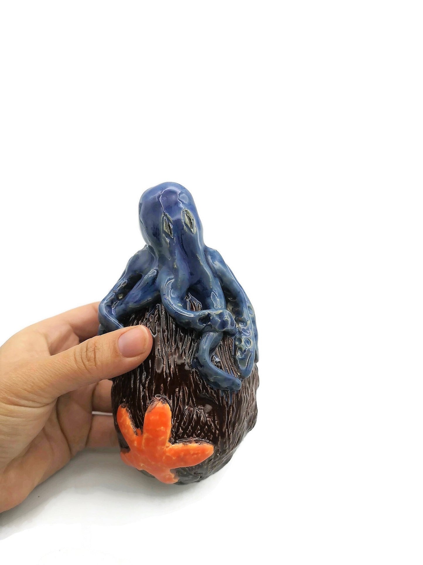 Handmade Blue Ceramic Octopus And Orange Starfish Sculpture, Modern Contemporary Coastal Home Decor For Table or Shelf - Ceramica Ana Rafael