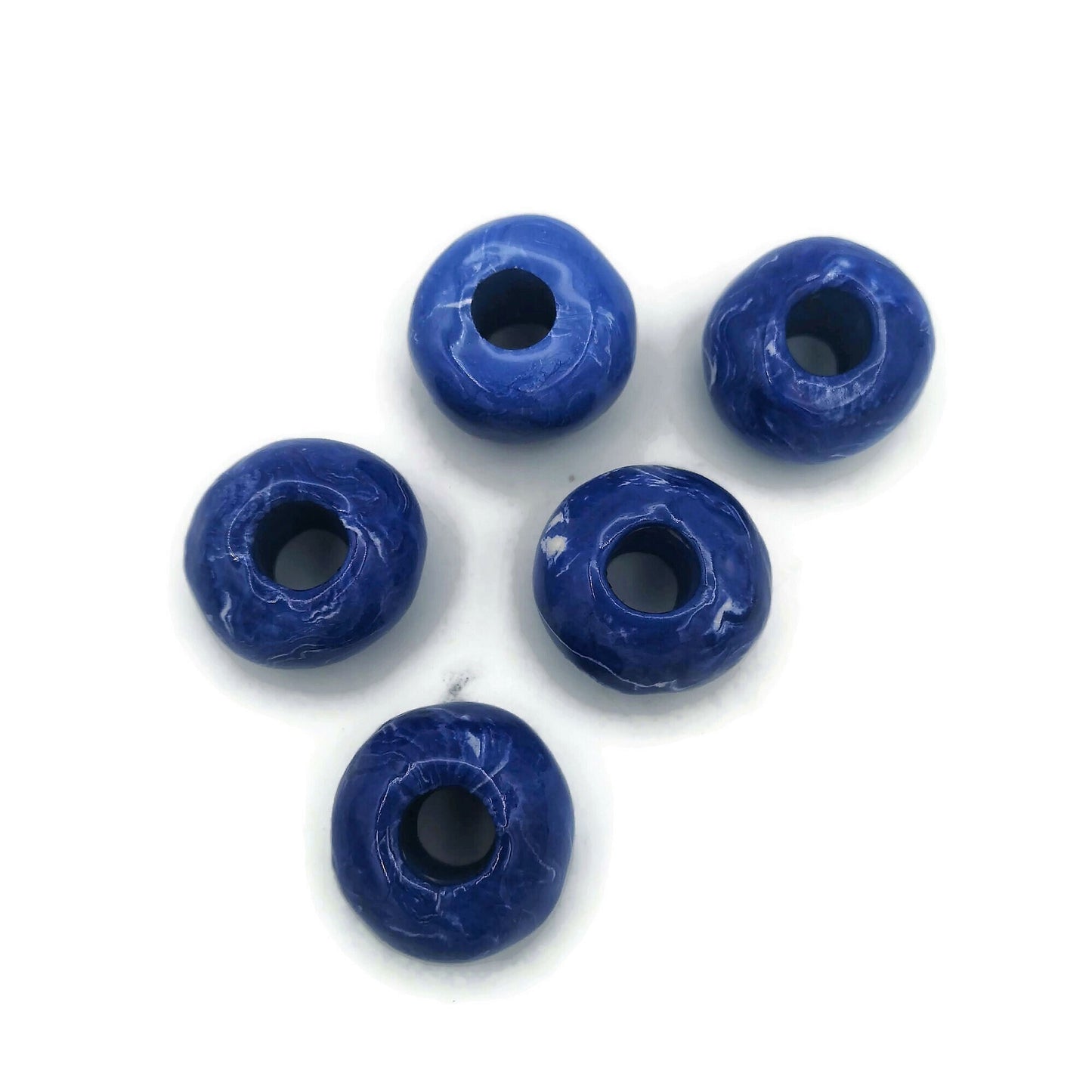 5Pc Large Ceramic Beads For Macrame and Statement Jewelry Making, Marbled White and Blue Clay Beads With Large Holes - Ceramica Ana Rafael