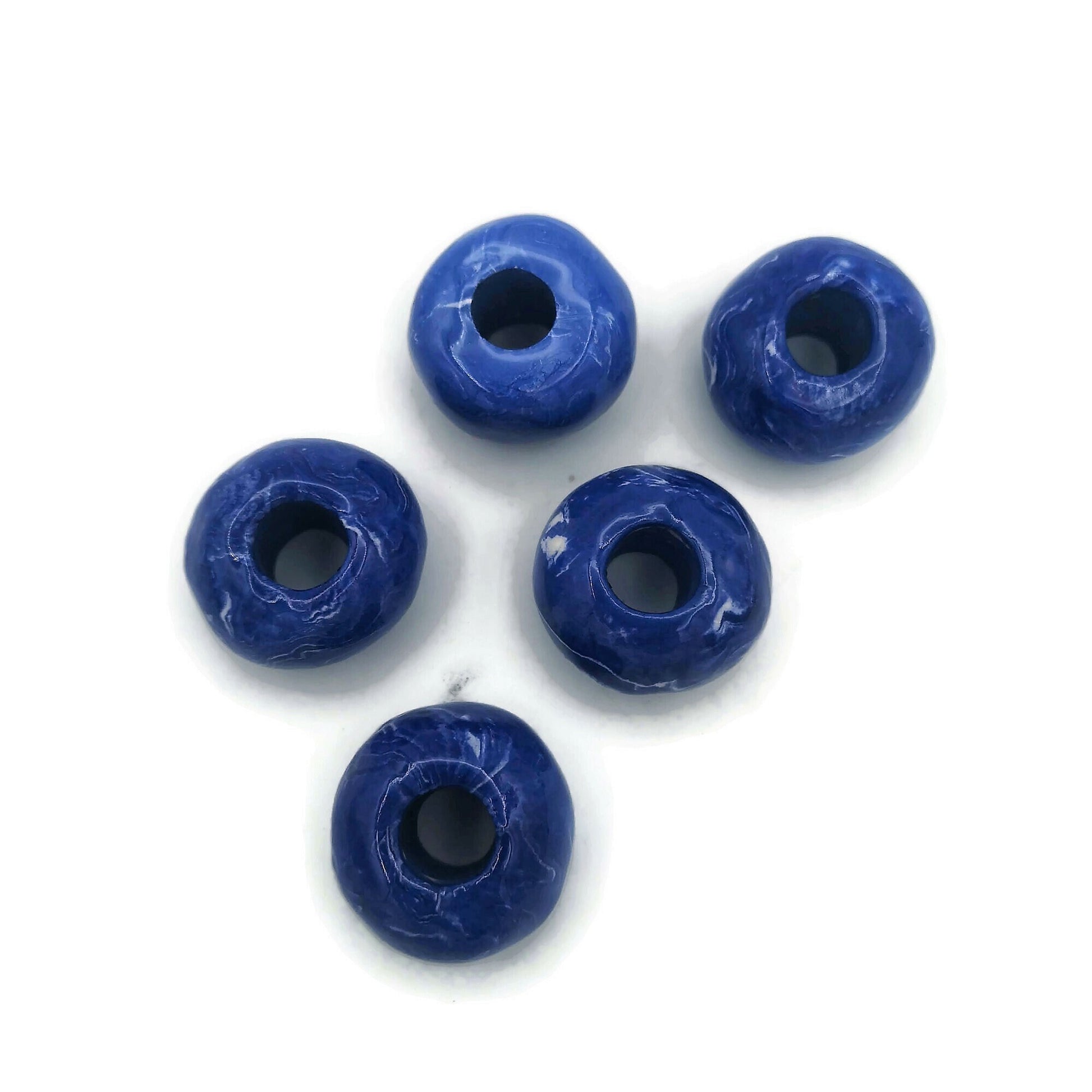 5Pc Large Ceramic Beads For Macrame and Statement Jewelry Making, Marbled White and Blue Clay Beads With Large Holes - Ceramica Ana Rafael
