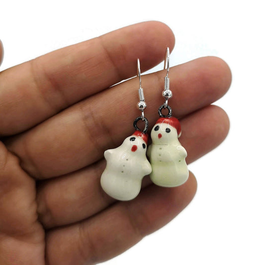 Handmade Ceramic Snowman Earrings, Cool Dangle Earrings, Cute Jewelry Best Gift For Her, Niece Gift From Aunt, Christmas Earrings, Clay - Ceramica Ana Rafael