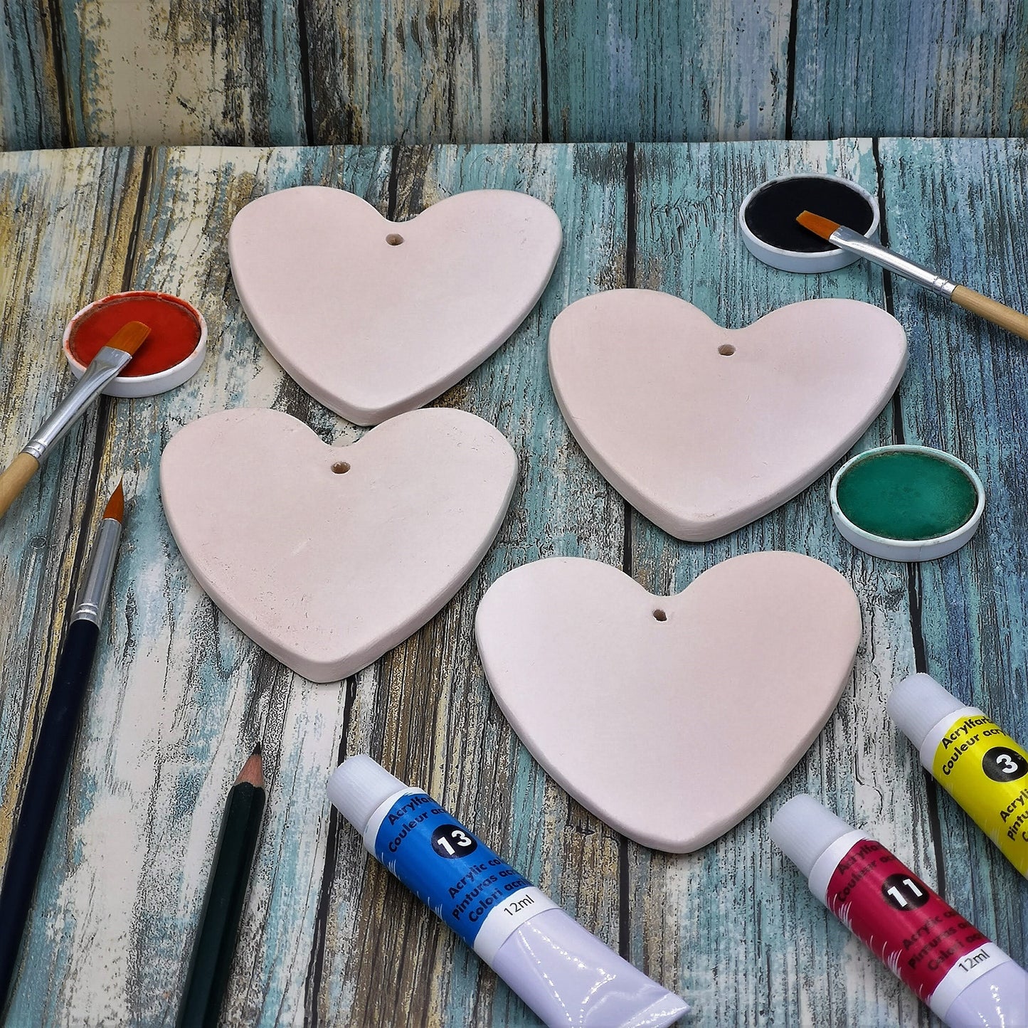 Blank Heart Charm, 4 Pc Handmade Ceramic Bisque Heart Shapes To Hang, Unpainted Diy Craft Kit For Valentines Day Ready To Paint - Ceramica Ana Rafael