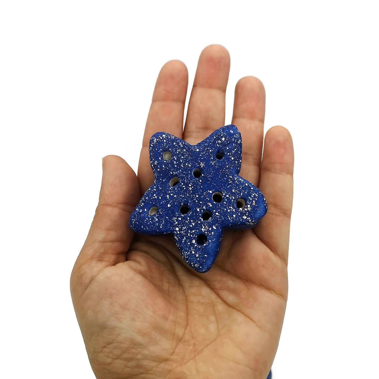 Extra Large Ceramic Beads, Giant Macrame Beads, Round Ball And Star Ornaments, Large Hole Beads Handmade, Sparkly Blue Focal Point Beads - Ceramica Ana Rafael