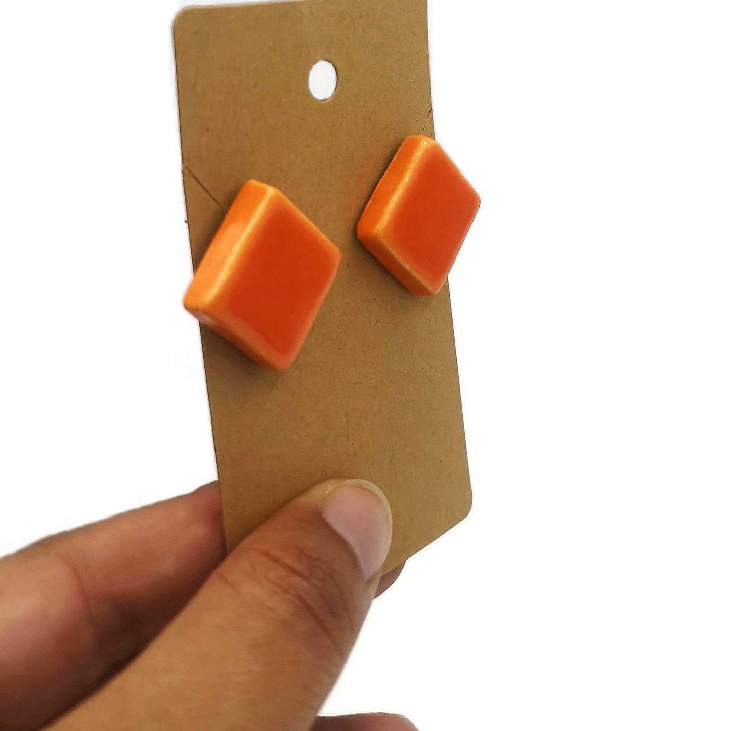 Orange Geometric Clay Stud Earrings For Women, Handmade Jewelry Gifts, Diamond Shape Ceramic Designer Earrings For Her, Best Gift For Her - Ceramica Ana Rafael