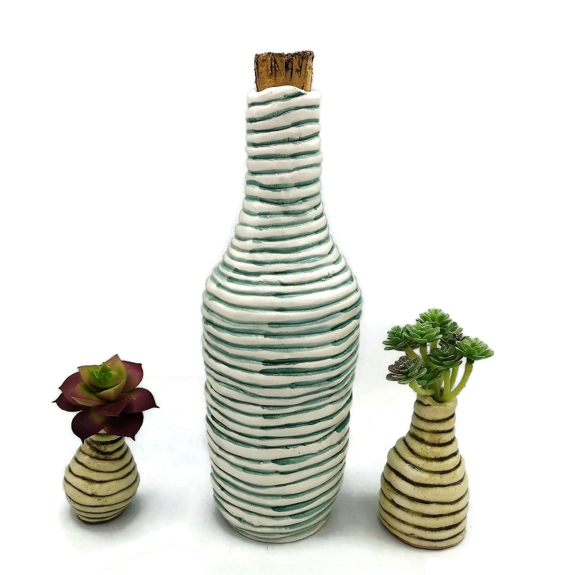 Handmade Ceramic Decorative Bottle With Natural Cork Stopper, White And Green Artisan Portuguese Pottery For Home Decor Unique Textured Vase - Ceramica Ana Rafael