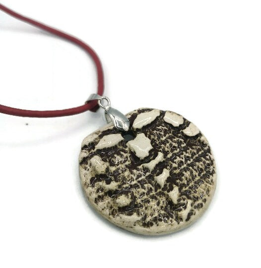 1Pc 35/45mm Handmade Ceramic Textured Necklace Pendant For Jewelry Making, Large Circle Modern Clay Charms Round Shape, Vintage Lace Texture - Ceramica Ana Rafael
