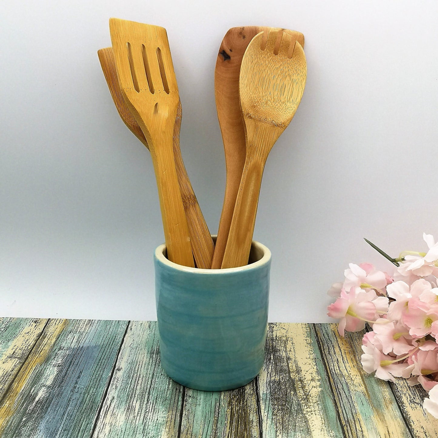 Handmade Ceramic Utensil Holder, Turquoise Kitchen Utensil Organizer, Unique Wedding Gift For Couple, Housewarming Gift New Home - Ceramica Ana Rafael