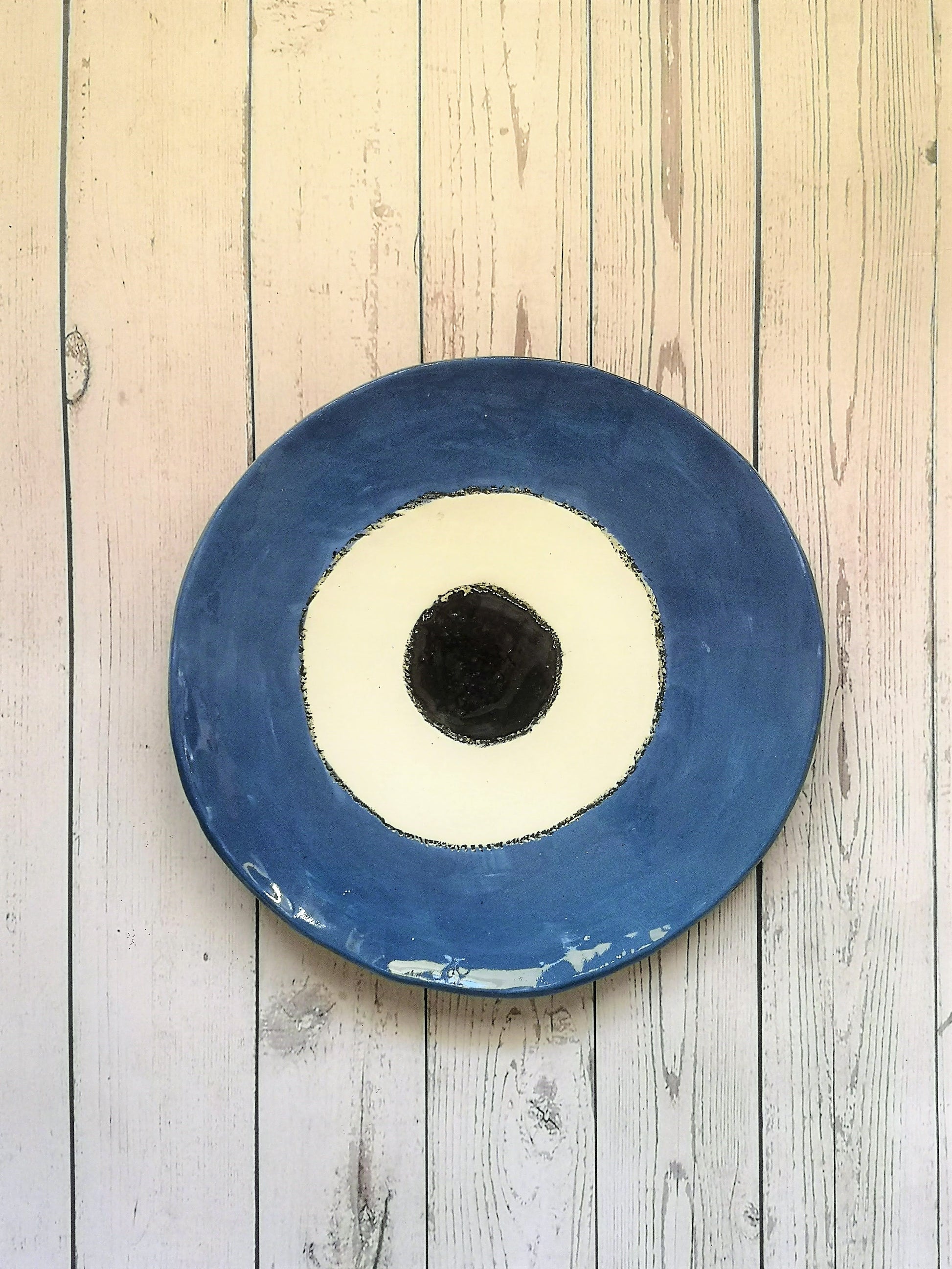 Handmade Ceramic Blue Evil Eye Decorative Plate For Display, Custom 9th anniversary gift for wife, Portuguese wall decor living room - Ceramica Ana Rafael