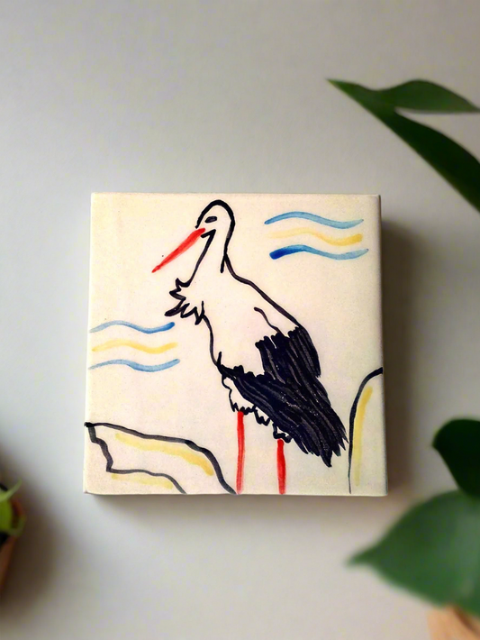 Handmade Ceramic Mosaic Tile Wall Art – Decorative Bird Tile with Stork Design