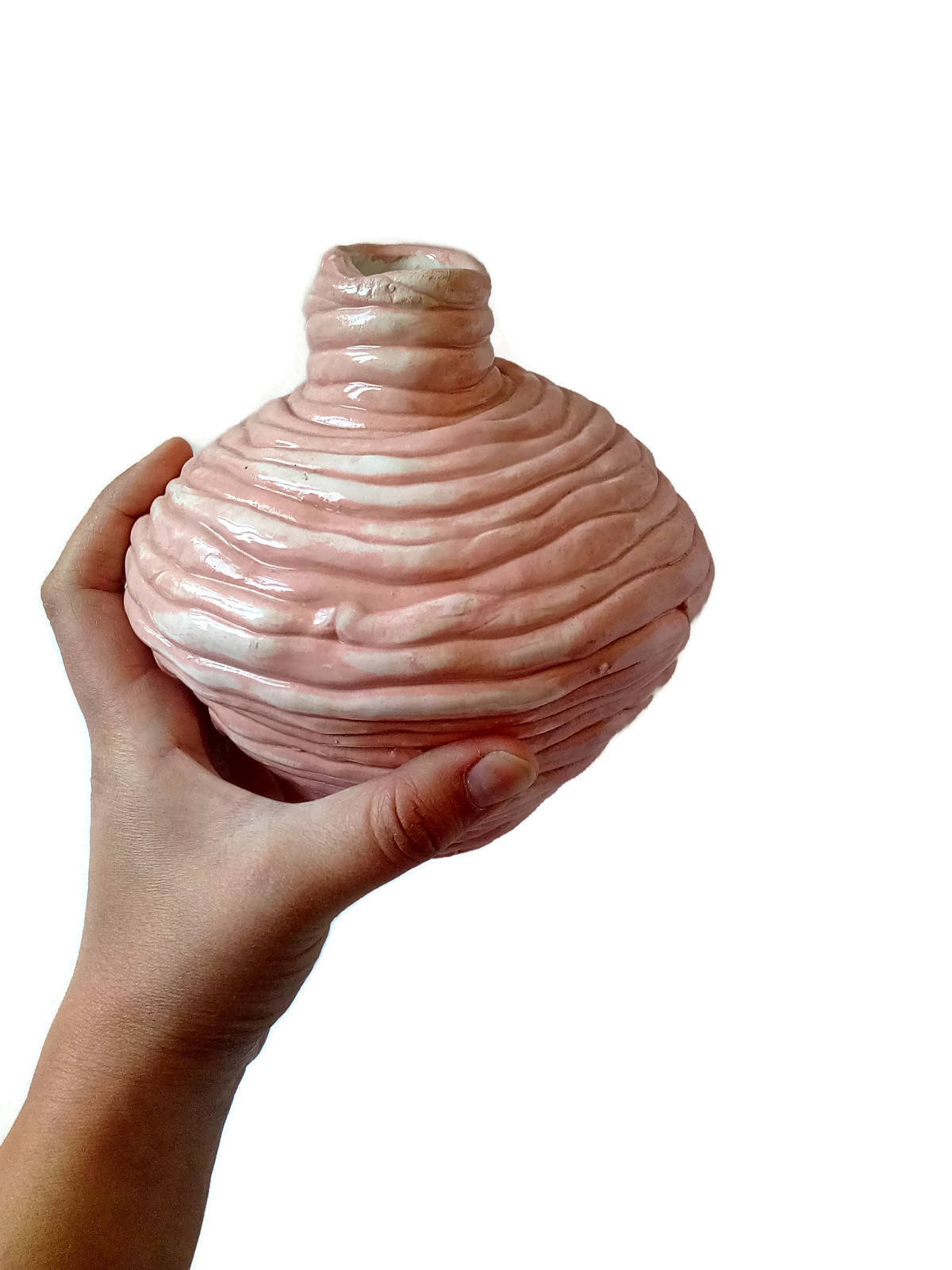 Handmade Ceramic Sculptural Pink Vase For Home Decor, Unique Textured Organic Shape Mid Century Modern Pottery 9th-anniversary gift for wife - Ceramica Ana Rafael