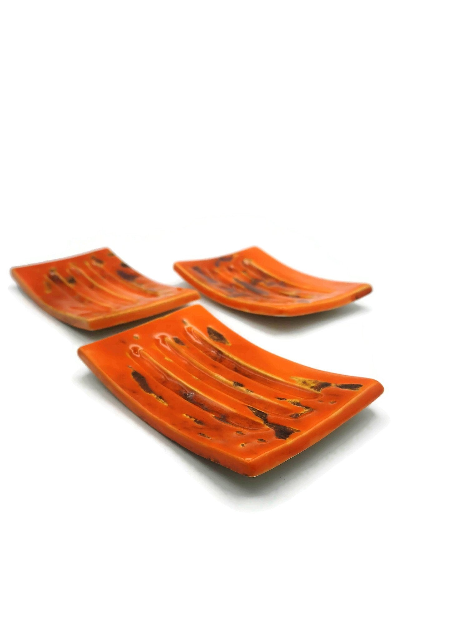 Handmade Ceramic Soap Dish Tray, Rectangle Drain Soap Saver, Artisan Sustainable Soap Bar Holder Orange w/ Copper Tones Bathroom Accessories - Ceramica Ana Rafael