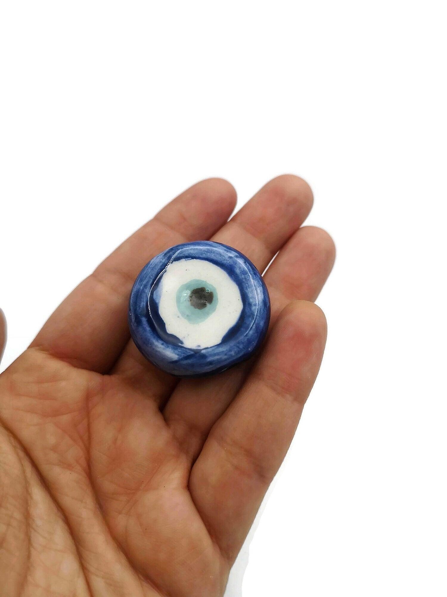 1Pc Blue Evil Eye Beads For Jewelry Making, Handmade Ceramic Macrame Beads, Extra Large Clay Beads, Round Unusual Decorative Porcelain Beads - Ceramica Ana Rafael