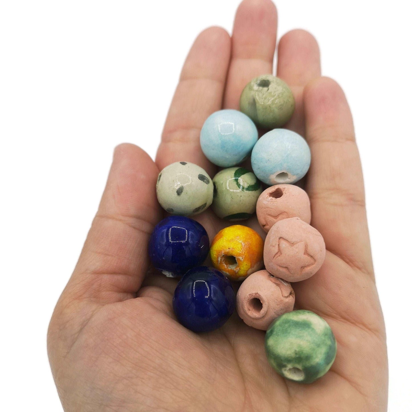 12Pc Handmade Ceramic Beads For Jewelry making, Round Mixed Clay Beads For Crafts,Decorative Macrame Beads Large Hole 2mm, Assorted Beads
