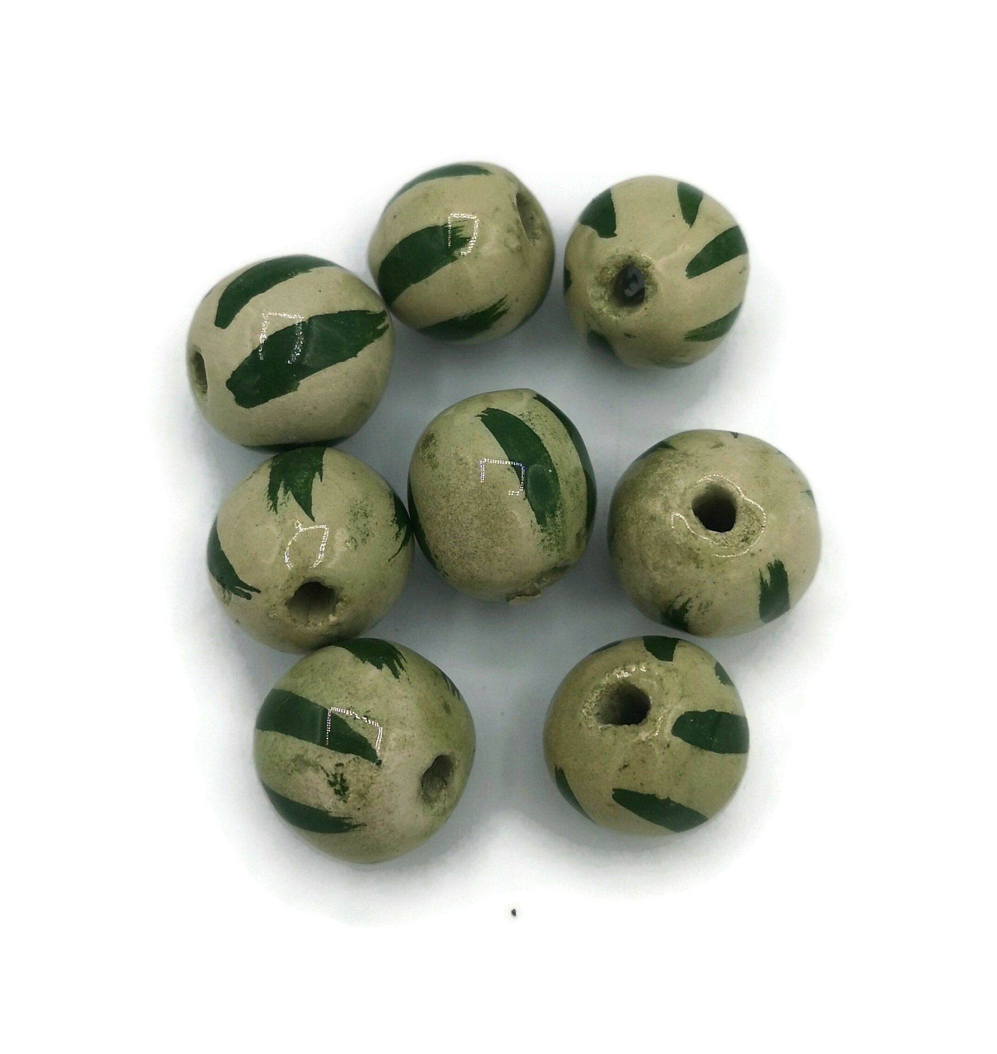 Round Ceramic Beads, Set Of 8 Craft Beads For Jewelry Making, Unique Decorative Clay Beads, Green Macrame Beads, Sacer Beads - Ceramica Ana Rafael