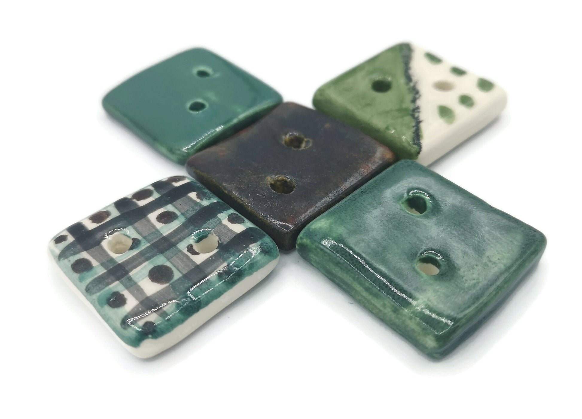 5Pc 30mm Handmade Ceramic Square Sewing Buttons For Crafts, 2 Hole Hand Painted Coat Buttons, Flat Back Button Lot, Blouse Buttons Flatback - Ceramica Ana Rafael