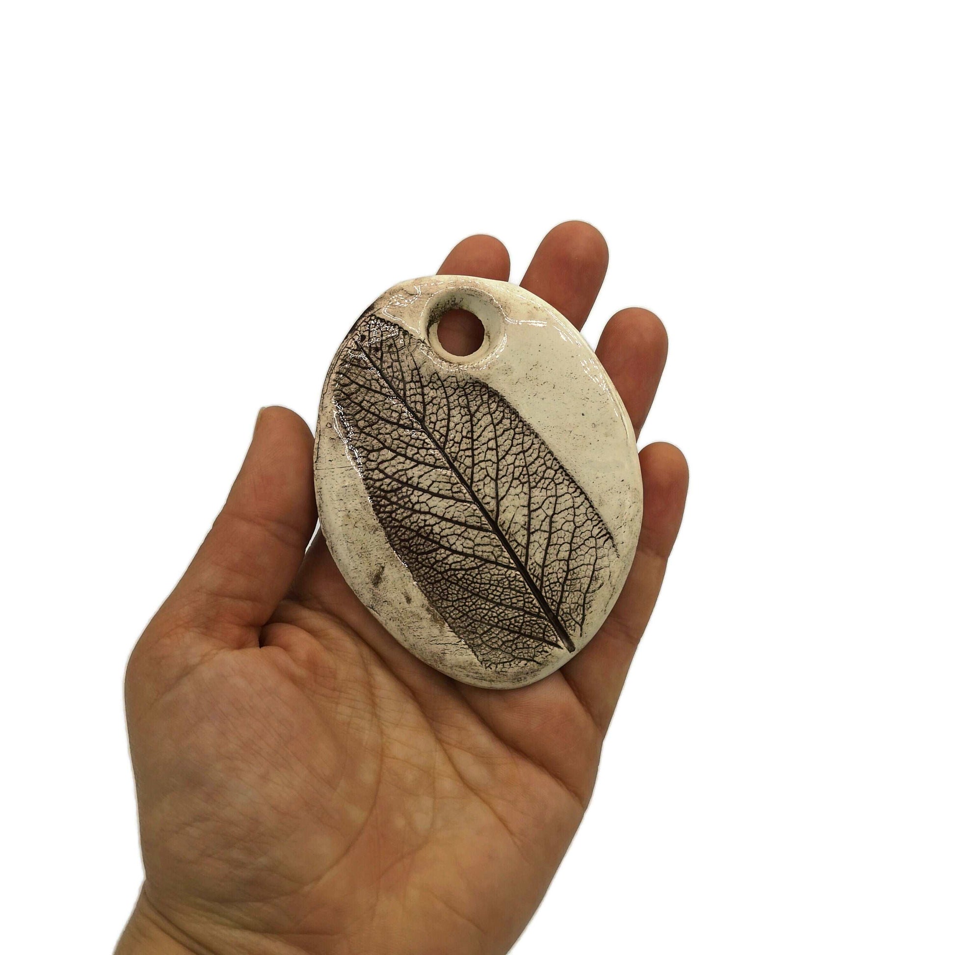 1Pc 85mm Extra Large Handmade Ceramic Necklace Pendant for Jewelry Making, Rustic Pressed Sage Leavf Jumbo Clay Charm For Eclectic Fashion
