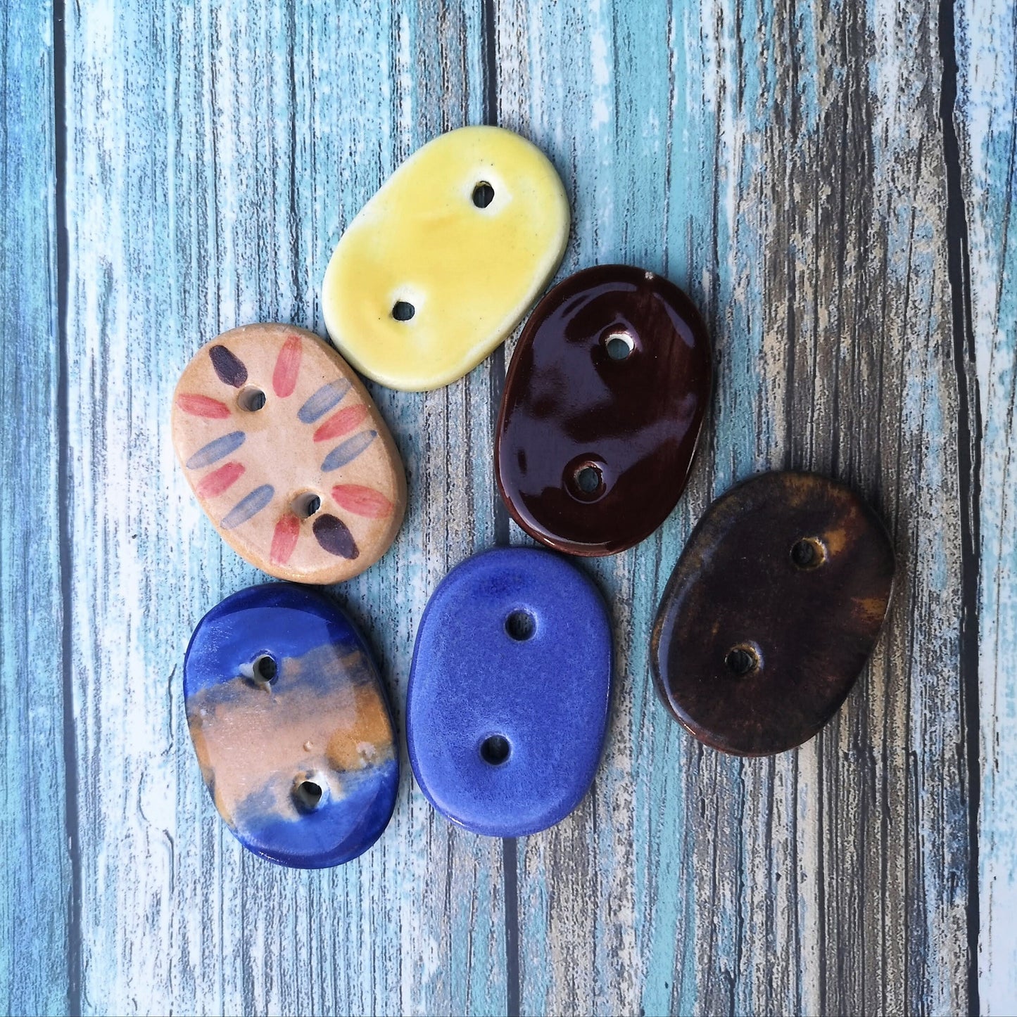 6Pc 35mm Extra Large Handmade Ceramic Sewing Buttons, Colorful Novelty Buttons, Hand Painted Oval Artisan Sewing Supplies And Notions - Ceramica Ana Rafael