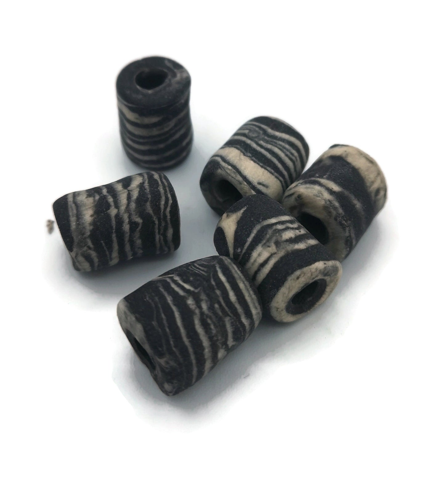 6Pcs Macrame beads large hole, handmade ceramic tube beads for jewelry making, unique black and white beads, dreadlock beads, best sellers - Ceramica Ana Rafael