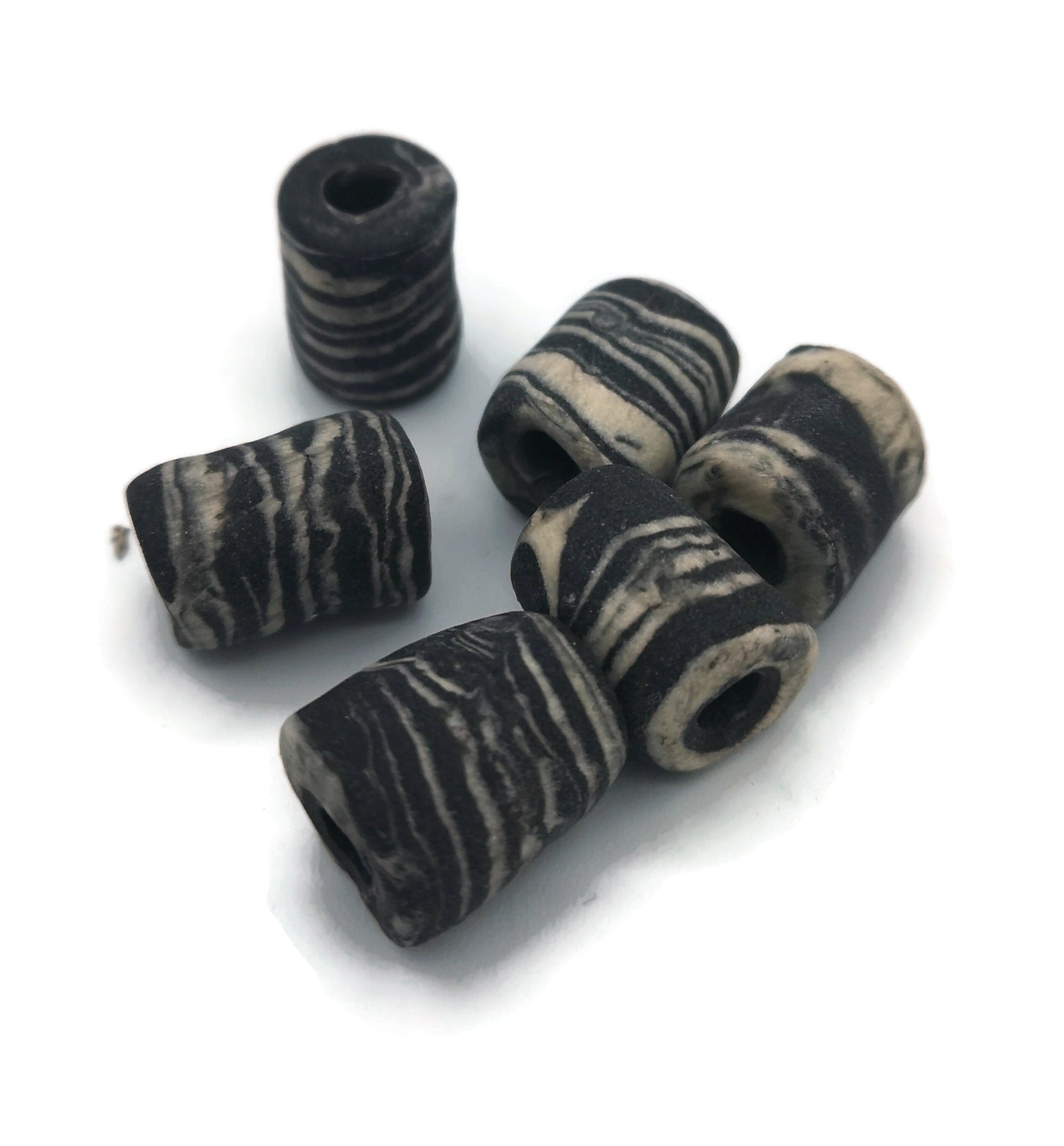 6Pcs Macrame beads large hole, handmade ceramic tube beads for jewelry making, unique black and white beads, dreadlock beads, best sellers - Ceramica Ana Rafael