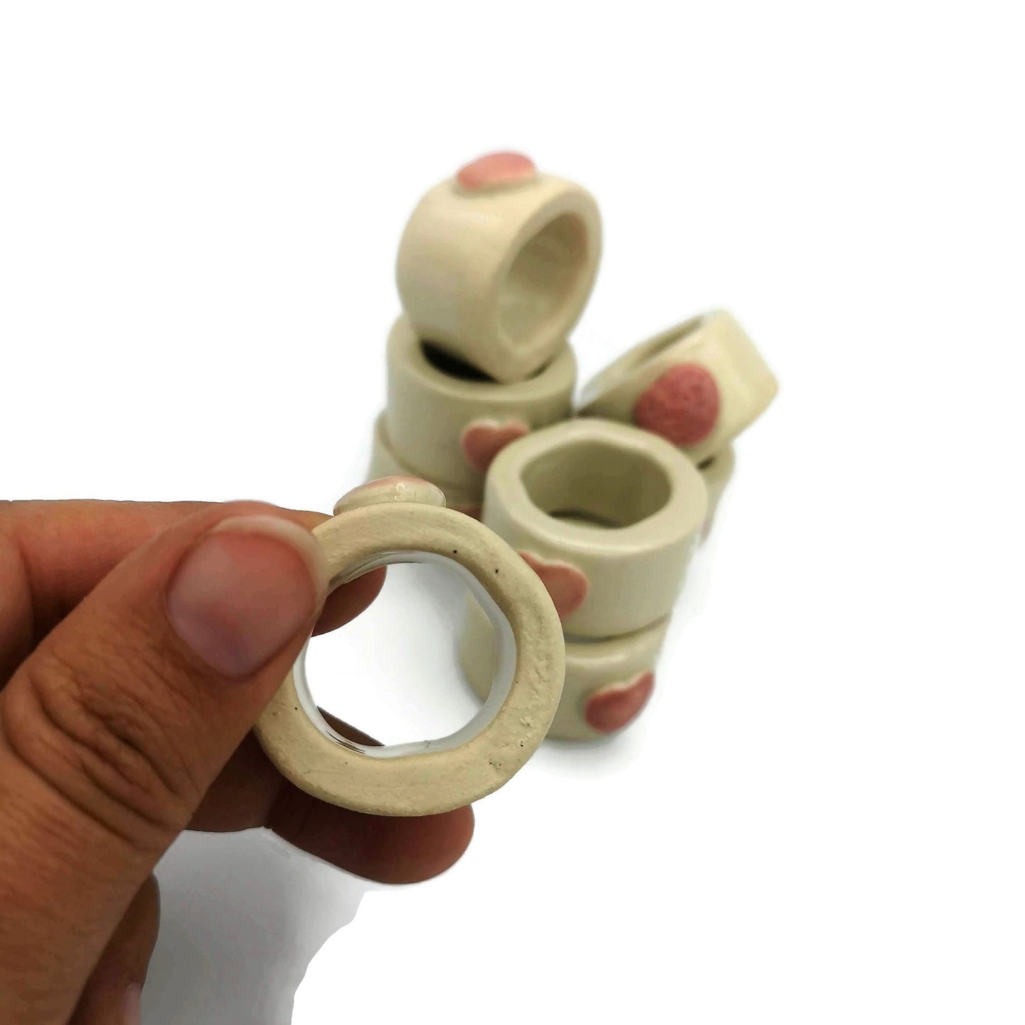 8Pc Extra Large Tube Beads, Handmade Ceramic Macrame Beads With Decorative Heart, Large Hole Beads, Napknig Rings - Ceramica Ana Rafael