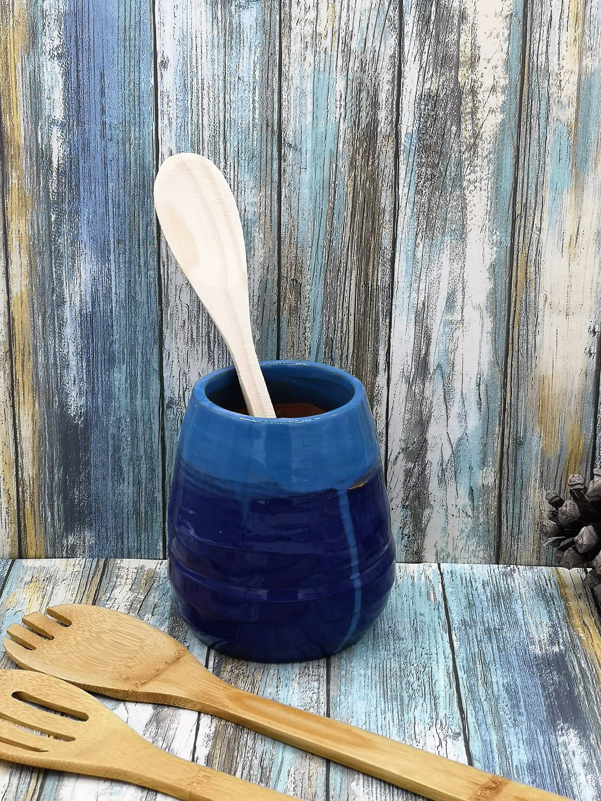 Blue Handmade Ceramic Vase, Large Utensil Holder, Modern Kitchen Utensil Organizer, Custom Wedding Gift, Tall Ceramic Planter Cache Pot - Ceramica Ana Rafael