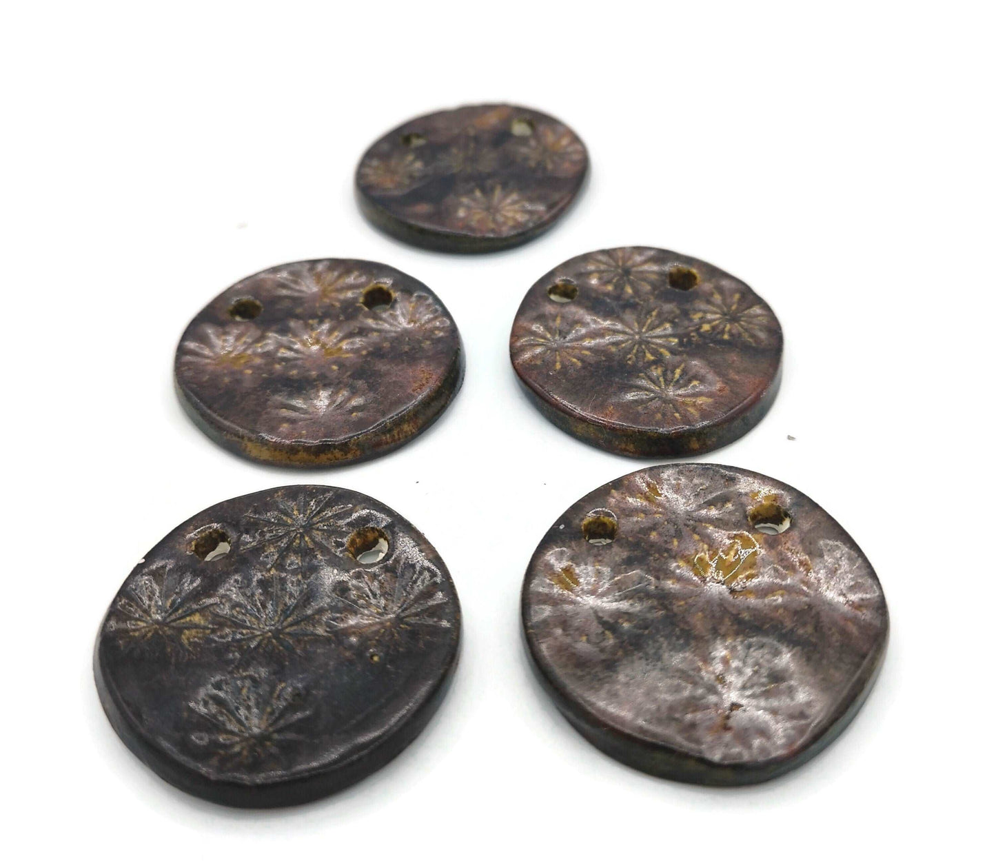 1Pc 40mm Extra Large Handmade Ceramic Necklace Pendant For Jewelry Making With Cooper Tones Poppy Design, Unique Clay Charm