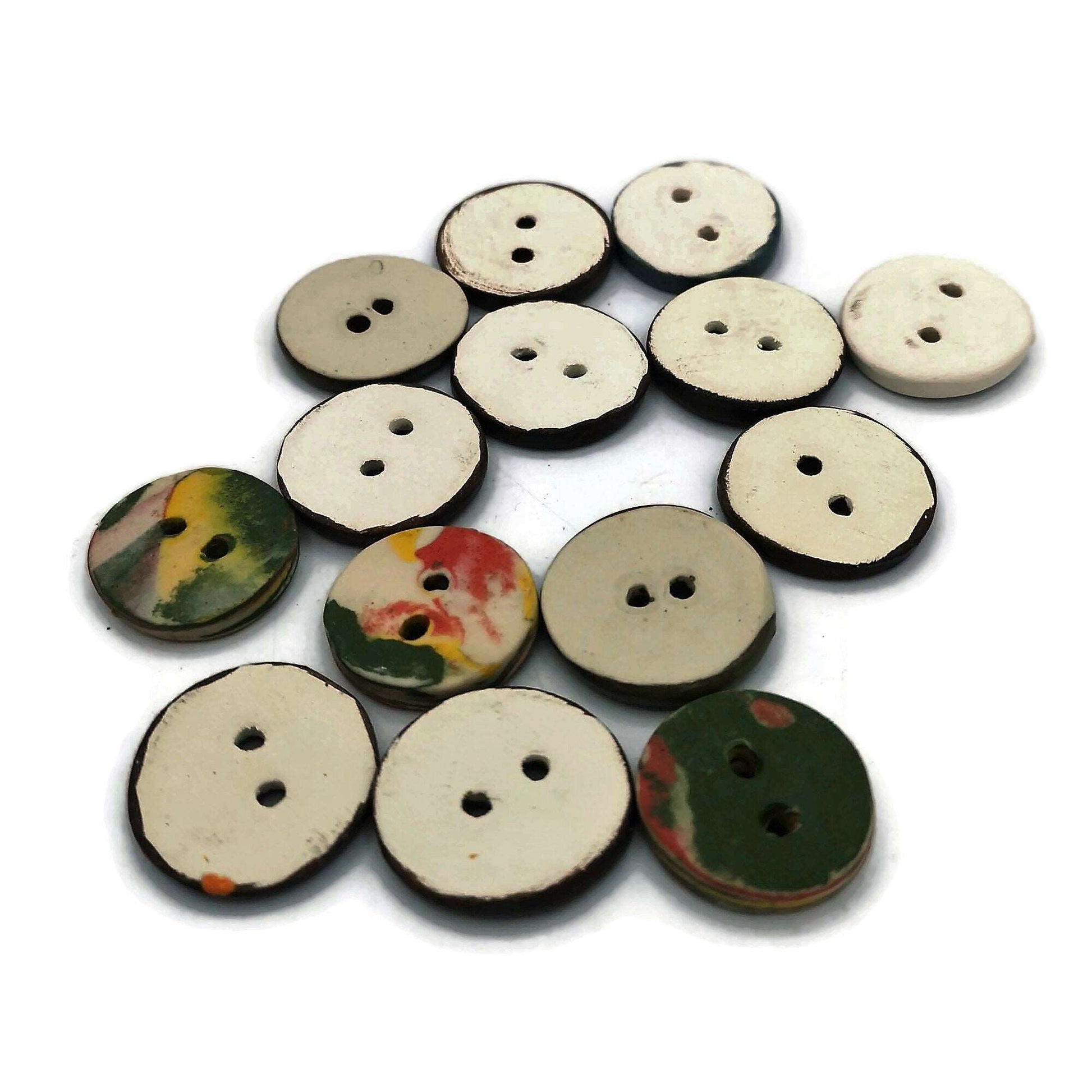 14Pc 25mm/1in Large Sewing Buttons Lot, Assorted 25mm Flatback Sew Fasteners, Handmade Ceramics Coat Button For Crafts