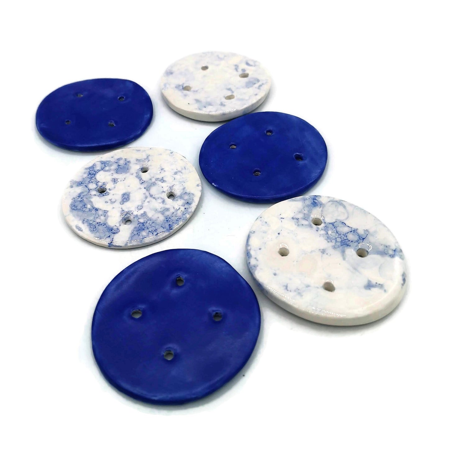 6Pc Extra Large Handmade Ceramic Blue Buttons, Round Shape Assorted Sewing Buttons 65mm, Best Gifts For Her, Novelty Buttons Lot - Ceramica Ana Rafael