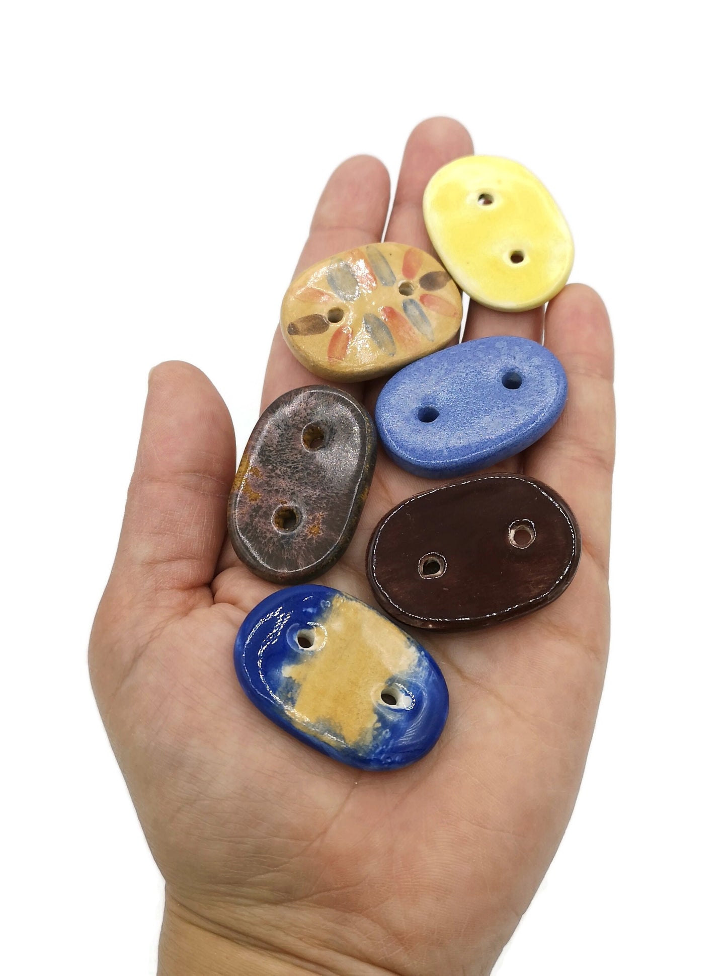 6Pc 35mm Extra Large Handmade Ceramic Sewing Buttons, Colorful Novelty Buttons, Hand Painted Oval Artisan Sewing Supplies And Notions - Ceramica Ana Rafael