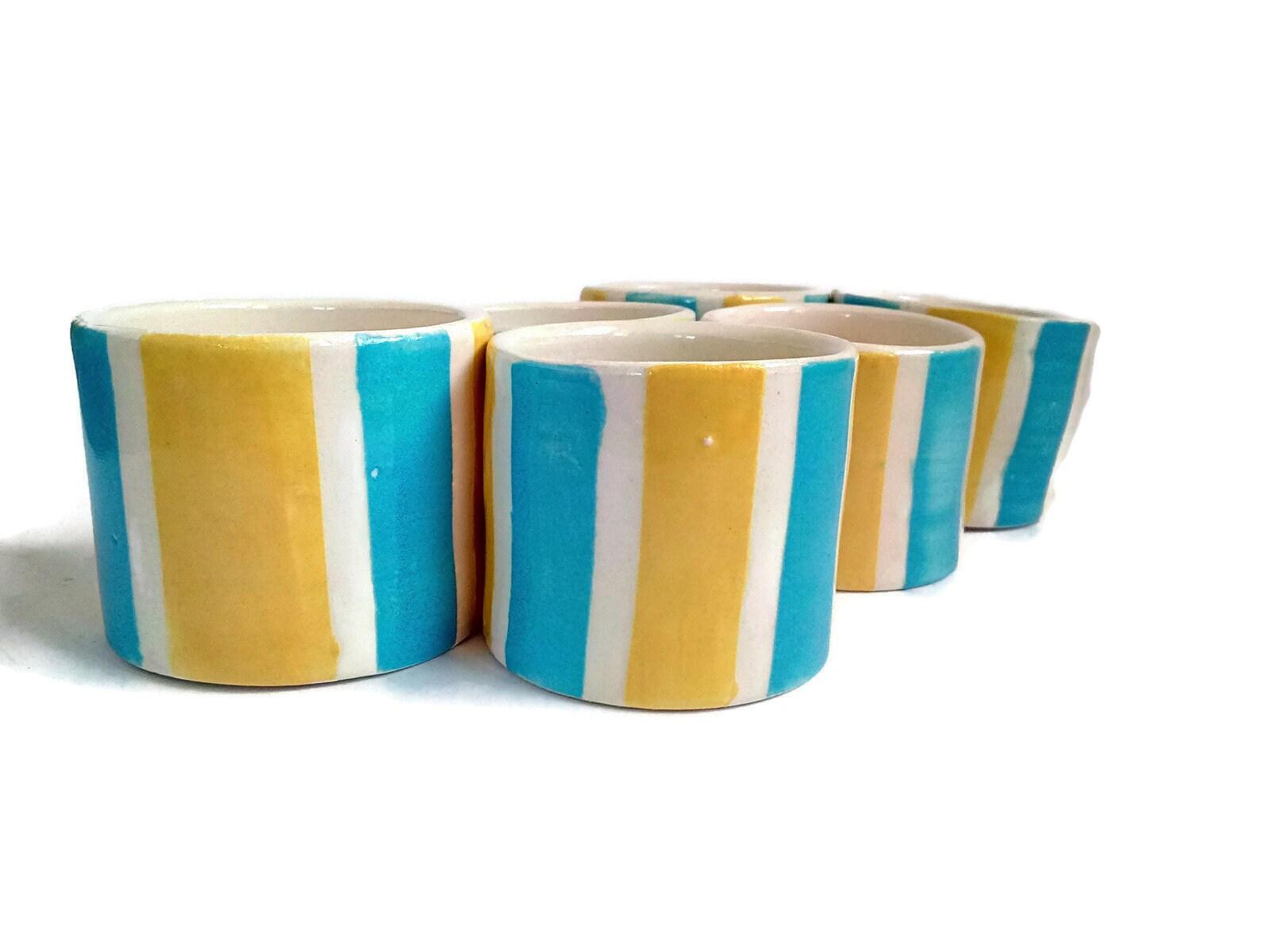 1Pc Handmade Ceramic Espresso Cup, Best Coffee Lovers Gifts For Him, Small Pottery Mug, Striped Blue And Yellow Shot Glass For Men - Ceramica Ana Rafael