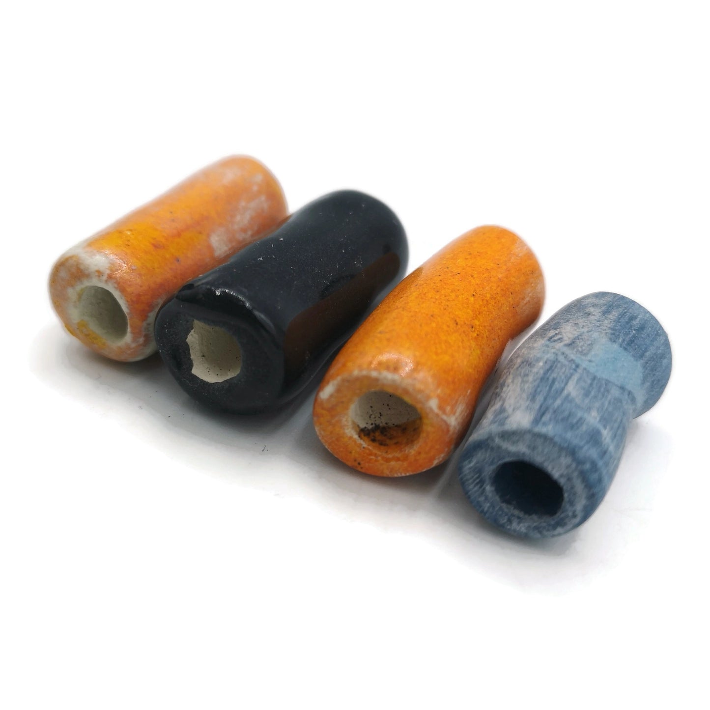 LONG TUBE BEADS, Ceramic Tube Beads Large Hole Beads For Macrame, Assorted Set Of 4 Pieces - Ceramica Ana Rafael