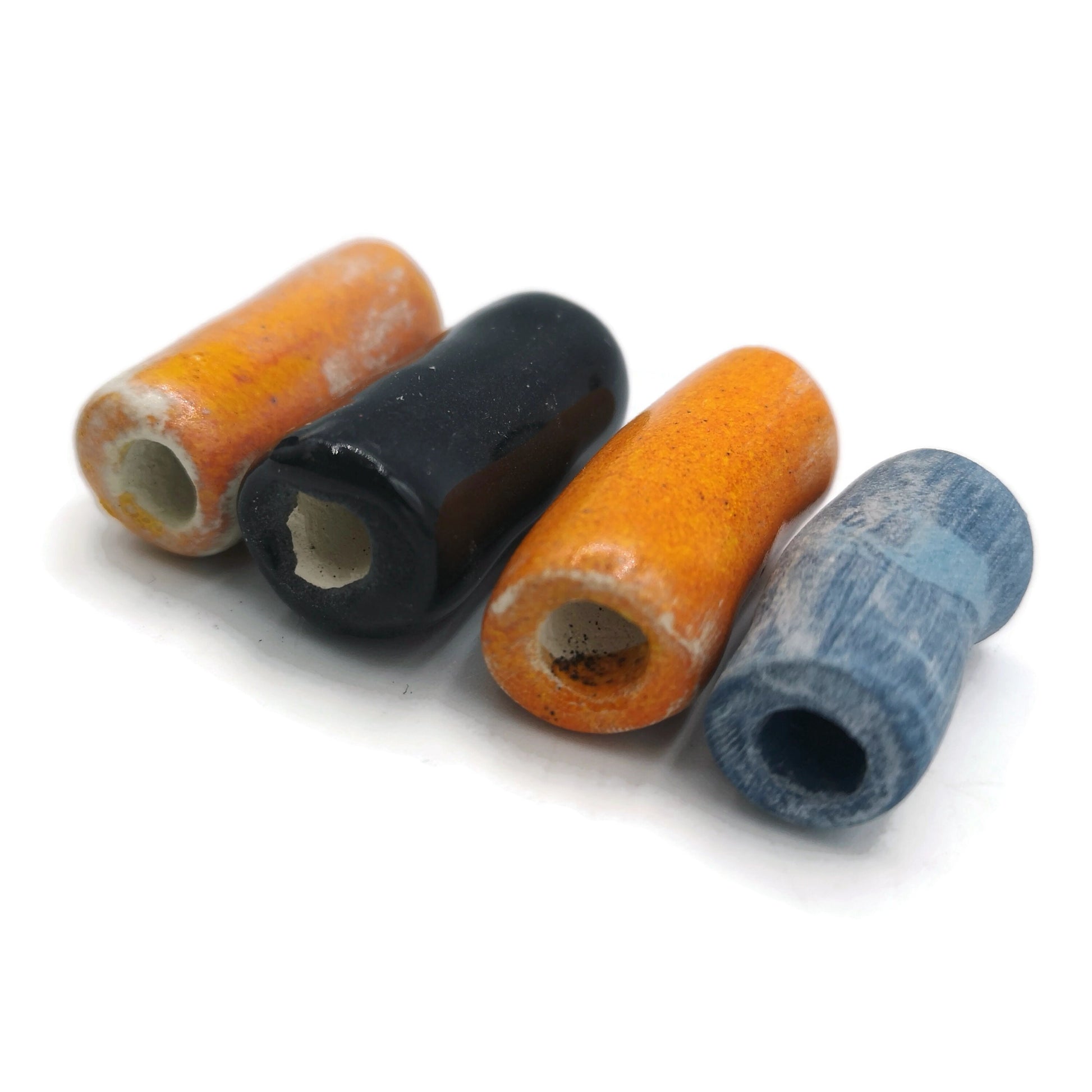 LONG TUBE BEADS, Ceramic Tube Beads Large Hole Beads For Macrame, Assorted Set Of 4 Pieces - Ceramica Ana Rafael