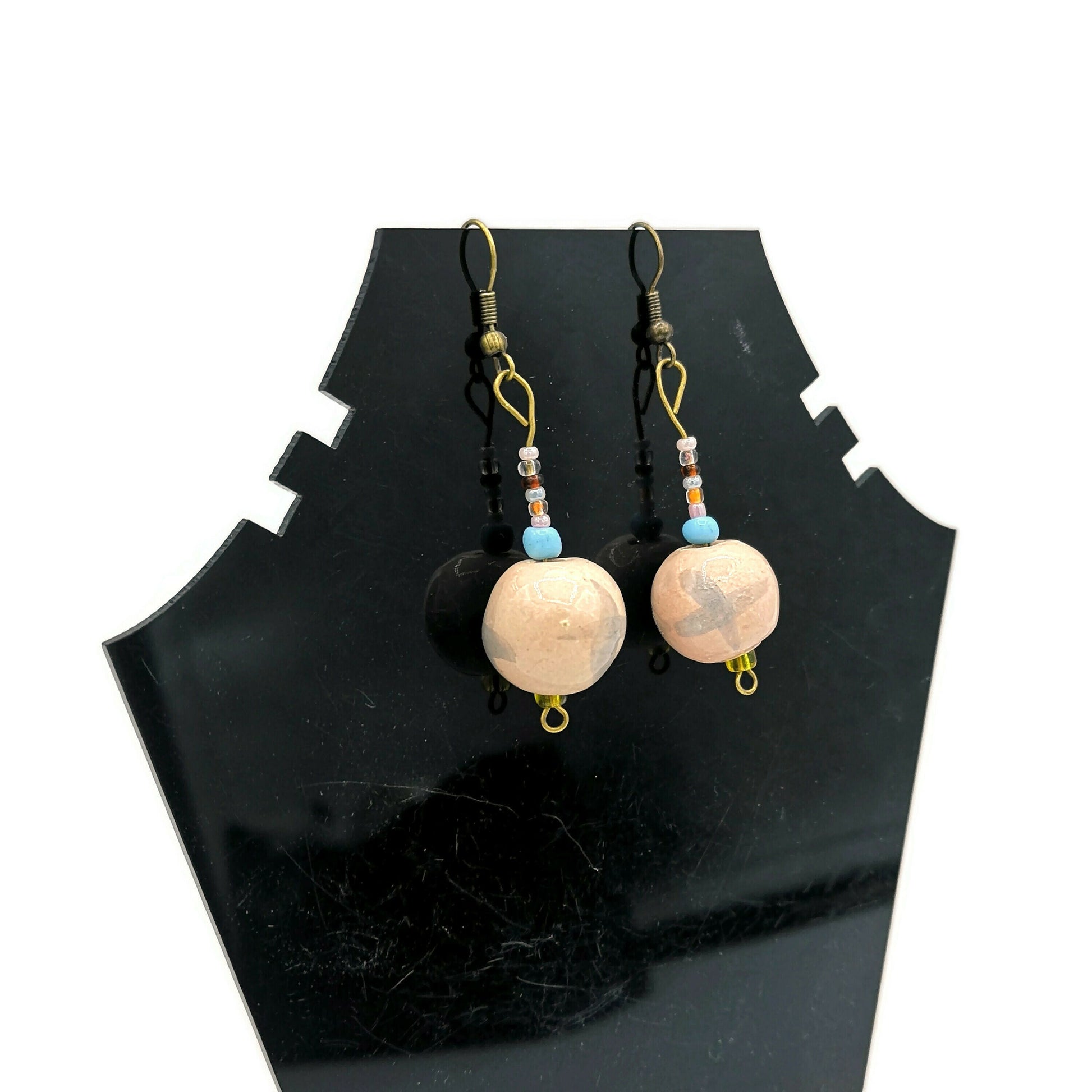 Handmade Ceramic Beaded Earrings For Women, Unique Drop Earrings Boho, 9th Anniversary Gift For Her, Novelty Dangle Earrings - Ceramica Ana Rafael