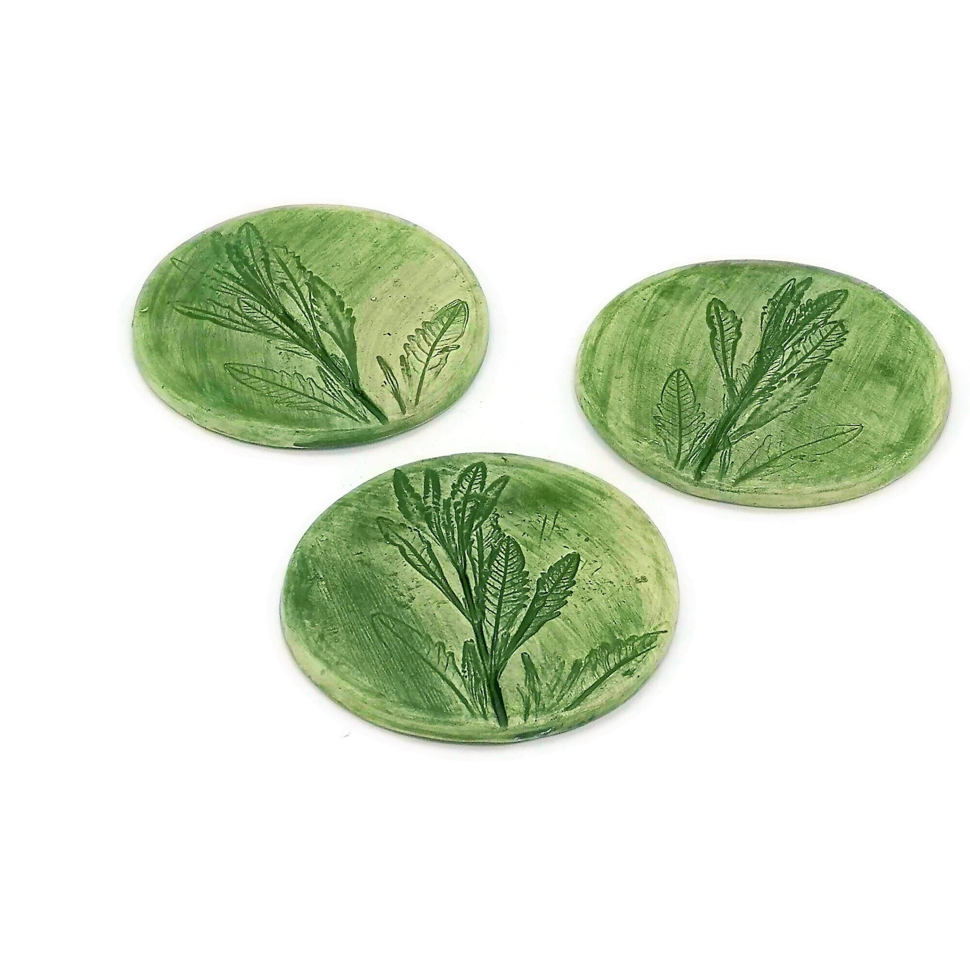 3Pcs Handmade Ceramic Coasters, Round Tiles With Cork Back and Green Lavender Leaves Design, Beer Coasters, Unusual Modern Pressed Plant - Ceramica Ana Rafael